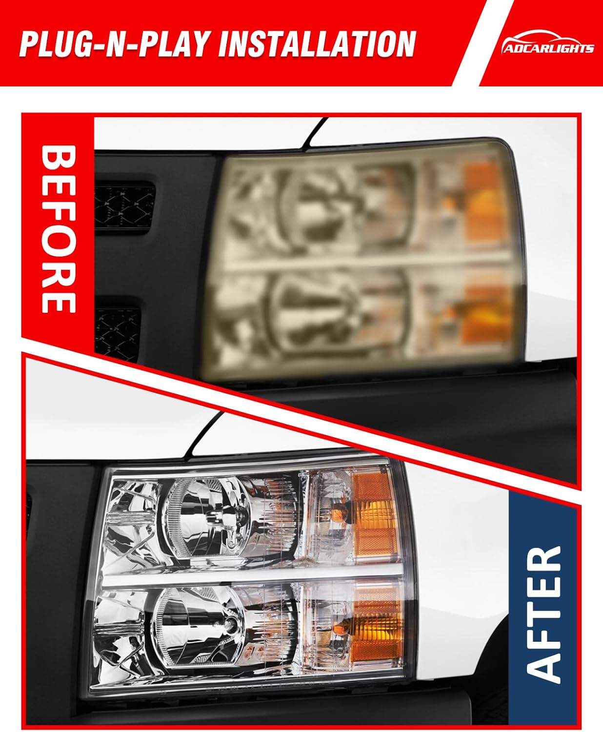 Headlight Assembly for 07-13 Chevy Silverado 1500/07-14 2500HD 3500HD OE Fit IP65 Waterproof 200% Brighter Halogen Headlamp Left+Right Chrome Clear（W/O Bulbs）