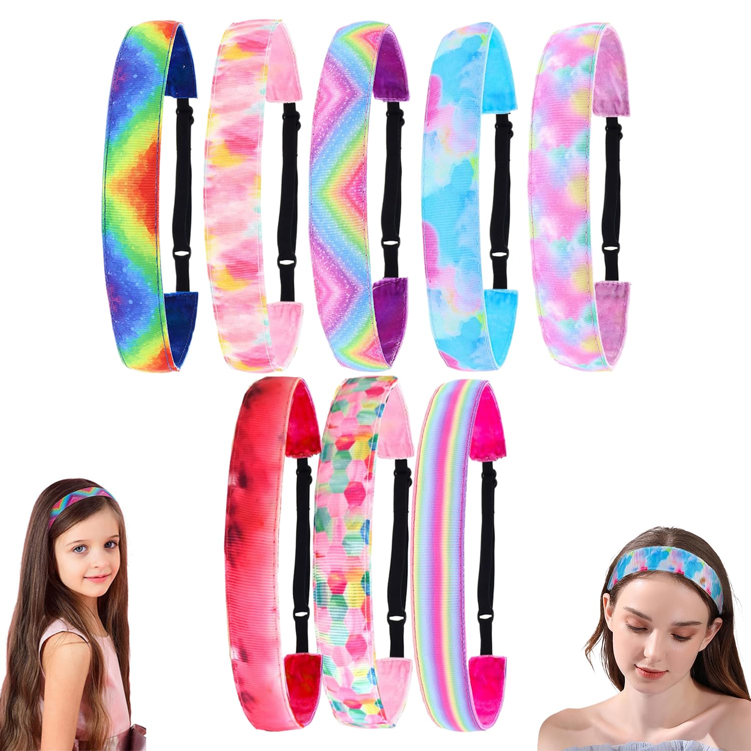 8 Stück Haarbänder Rutschfest, Buntes Haarband Kinder, Kopfband Mädchen Sommer, Tie Dye Haarbänder, Sport Haarband Mädchen, Perfekt für Sport, Tanz Oder Anderen Freizeitaktivitäten