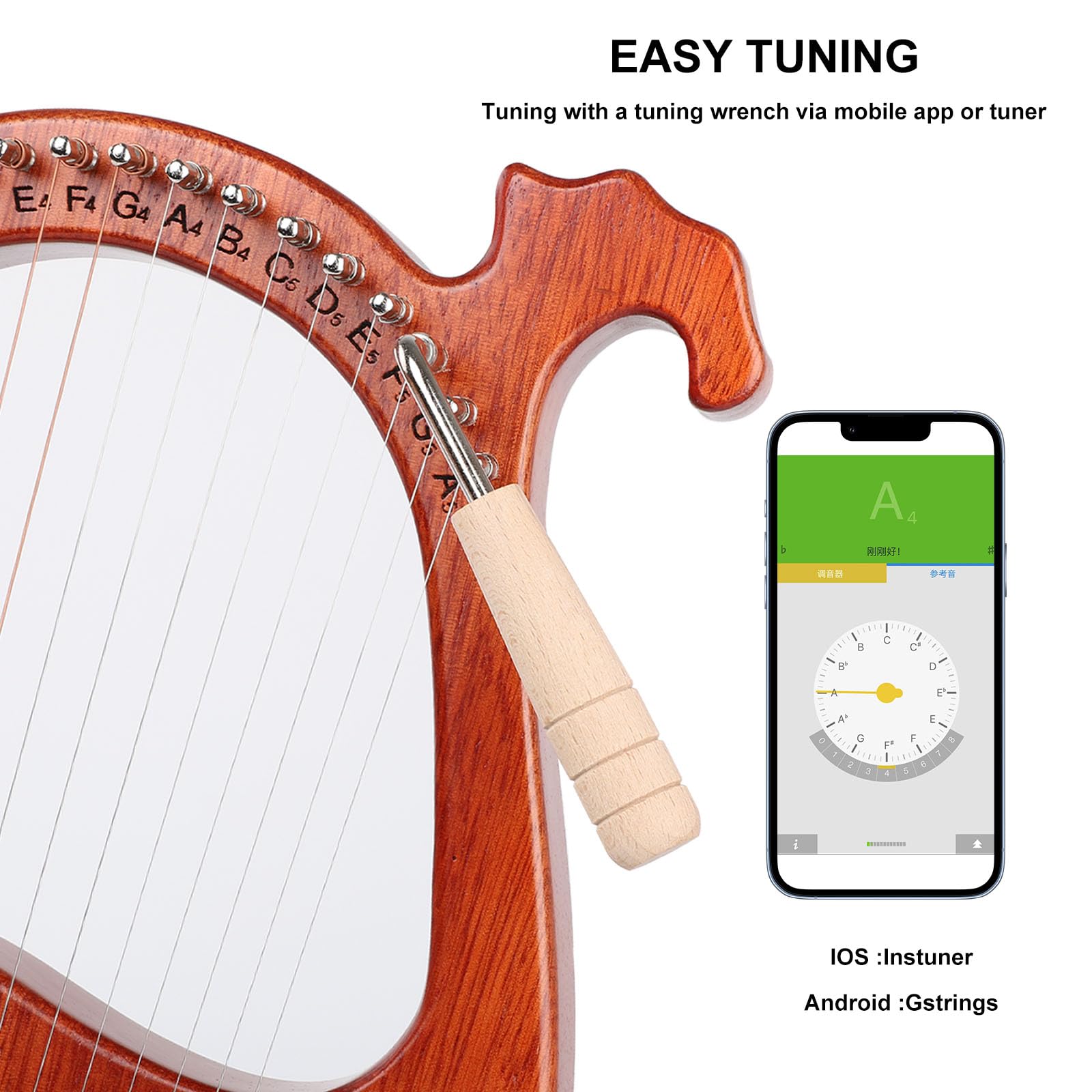 LIEKE Harpe lyre 16 cordes métalliques, corps en acajou et selle en cuivre, mini instrument de harpe cadeau avec sac de clé d'accordage pour musicien débutant