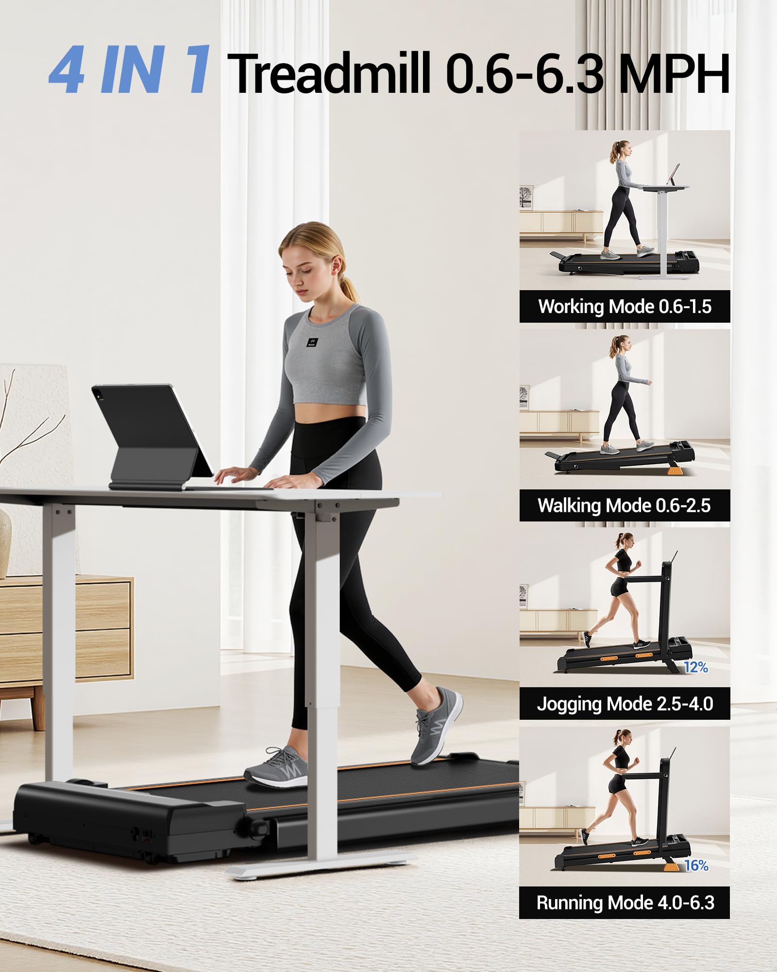 16% Incline Walking Pad Treadmills for Home Small, 4-in-1 Under Desk Treadmill with Handles, Foldable Treadmill with 2.5 HP Quiet Brushless, 330 LBS Capacity