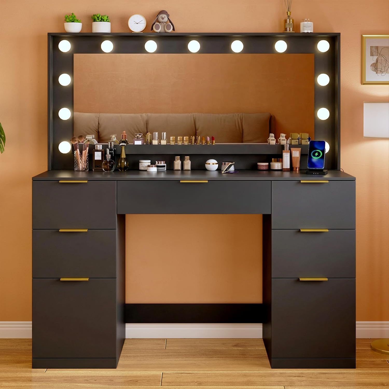 ALEXNUTRE Vanity Desk with Mirror and Lights, 45.3in Makeup Vanity with 7 Drawers & Large Mirror, Vanity with 3-Color Adjustable Lighting & Charging Station, Make Up Vanity for Bedroom