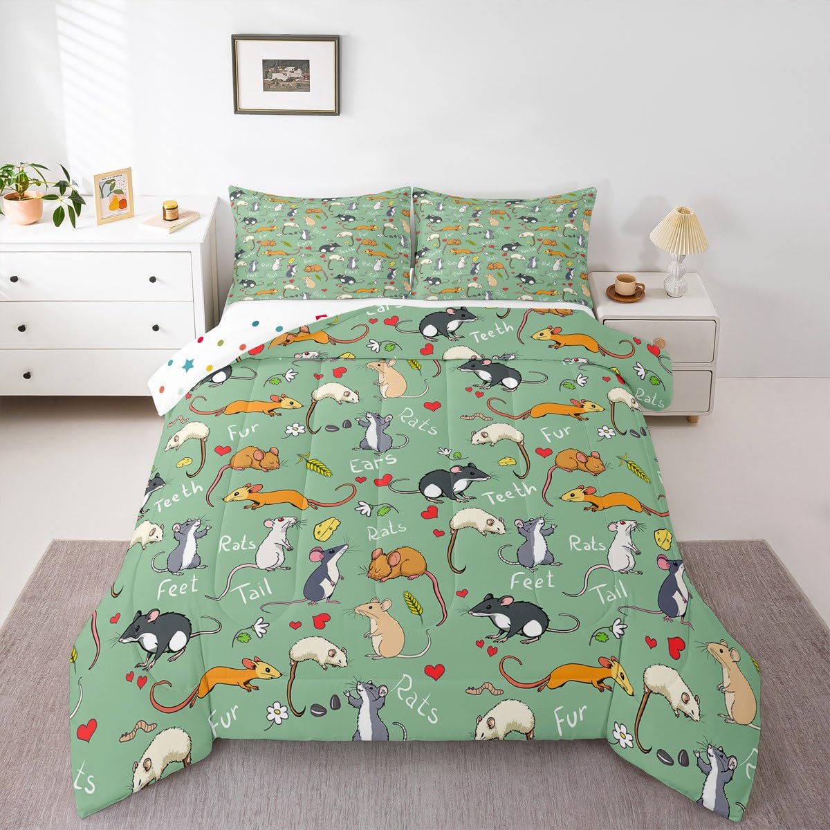 Erosebridal Kids Rat Comforter Set, Mouse Rodents Bedding Set Full Size, Funny Animal Love Heart Duvet Sets for Boys Girls Children Bedroom, Cartoon