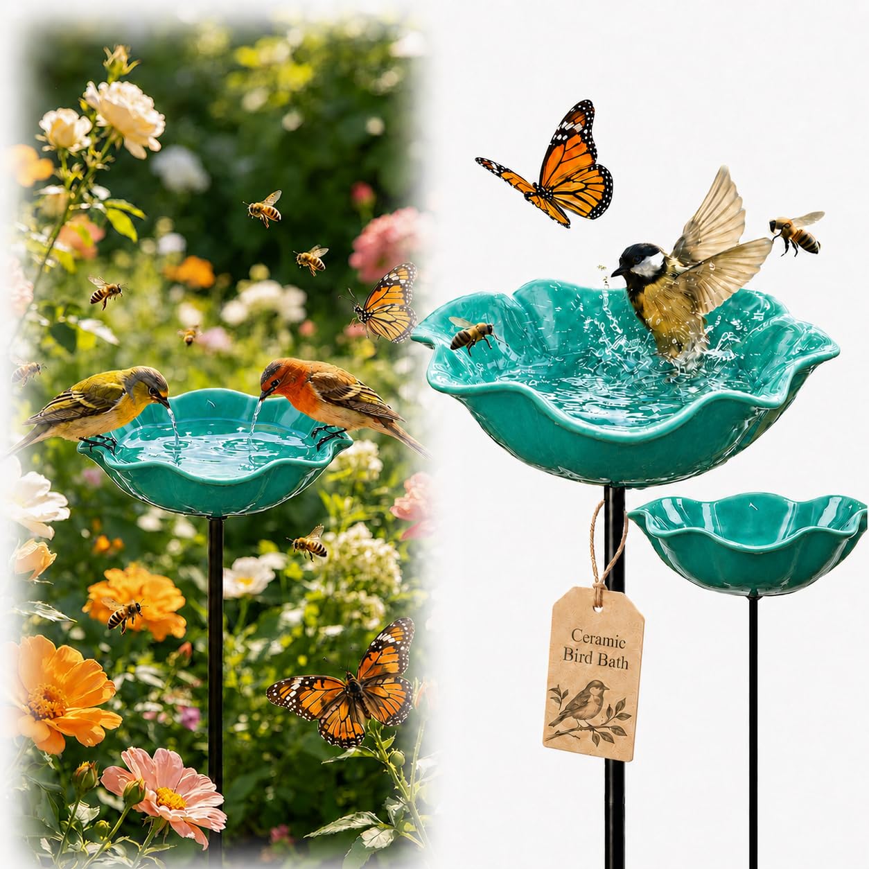 Bebedero de cerámica de pie para pájaros e insectos azul 55 cm