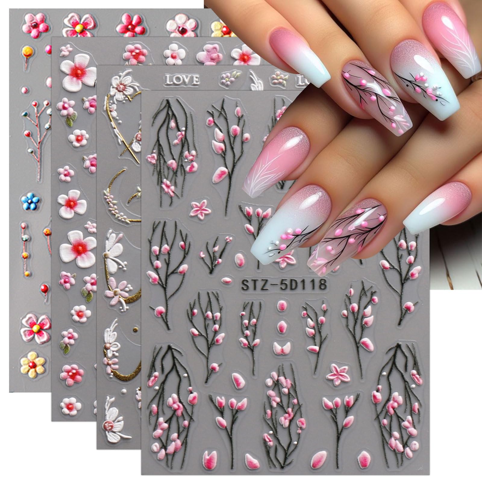 JMEOWIO 3D Nagelsticker, 4 Blätter Mit Blumen & Frühlingsmotiven | Selbstklebend Für DIY-Nageldesign