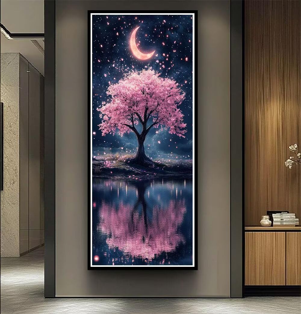 Diamond Art Painting Kits for Adults 60x150cm, 5D Large Diamond Painting Flowering Tree Full Round Drill Gem Art Crescent Moon Crystal Cross Stitch Paint by Numbers for Home Wall Decor -LR1167