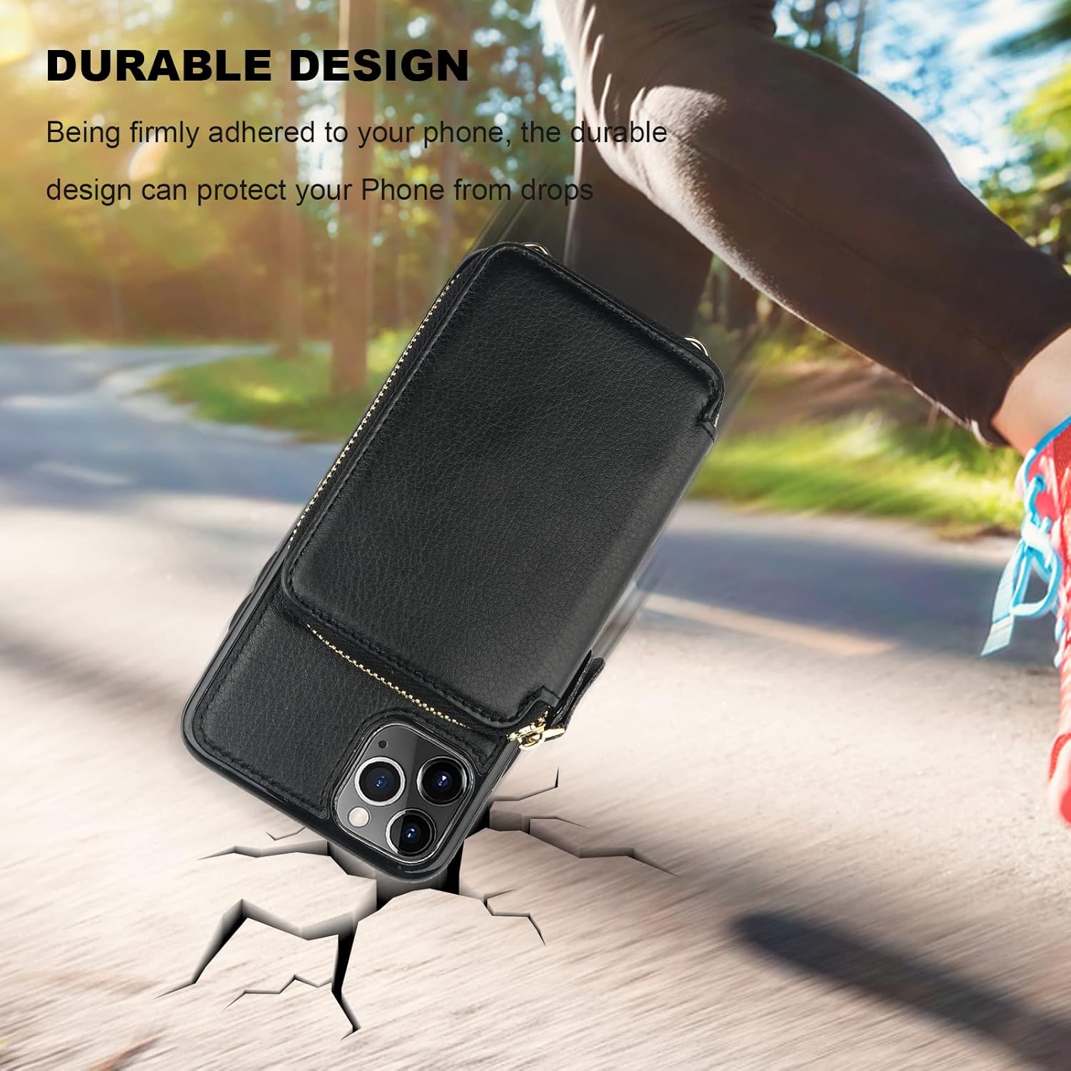 Bocasal RFID Blocking Wallet Case for iPhone 11 Pro Max, Adjustable Crossbody Zipper Purse with Kickstand and Detachable Wrist Strap, PU Leather Flip Folio Case, 6.5 Inch (Black) - Image 8