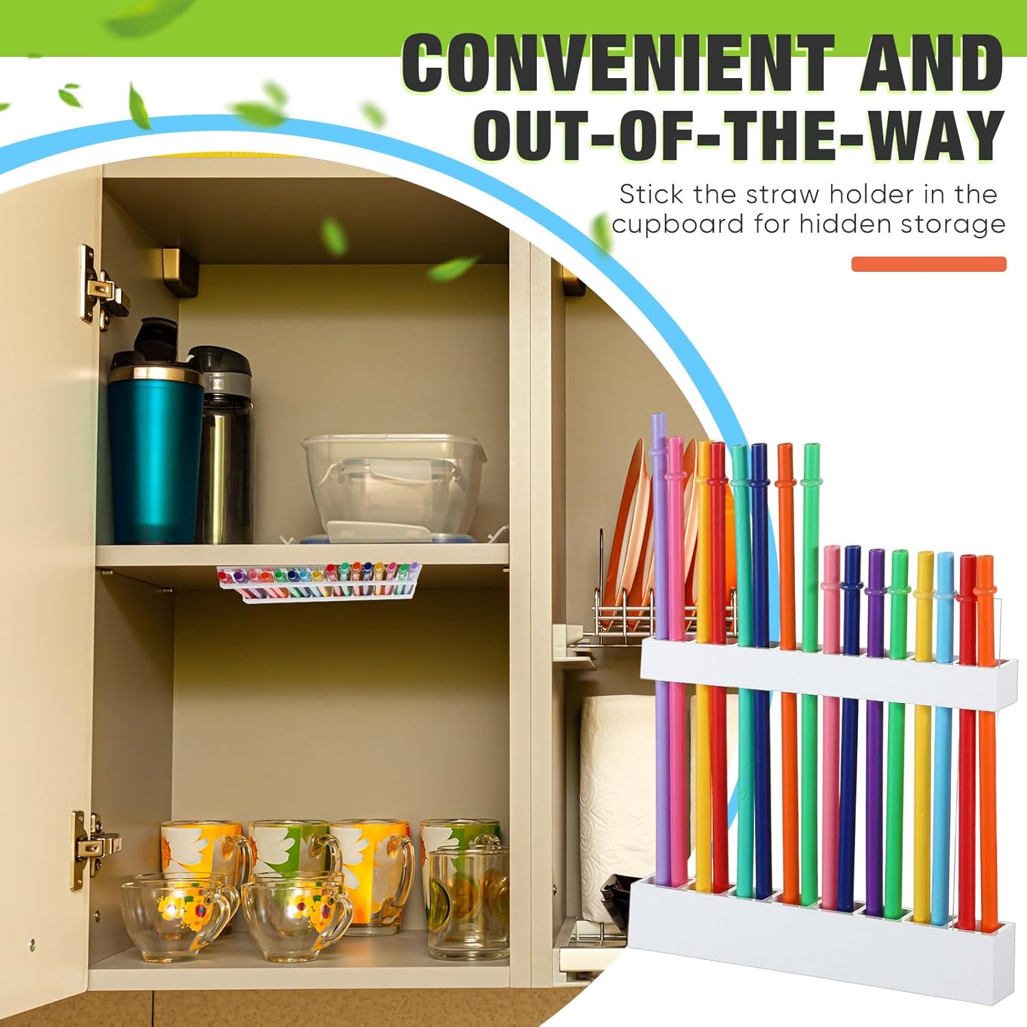 Baderke Straw Holder for Cabinet Reusable Straw Organizer with Double Sided Adhesive Tape Screws Storage Container for Kitchen Counter Cupboard (White,Novel) - Image 5