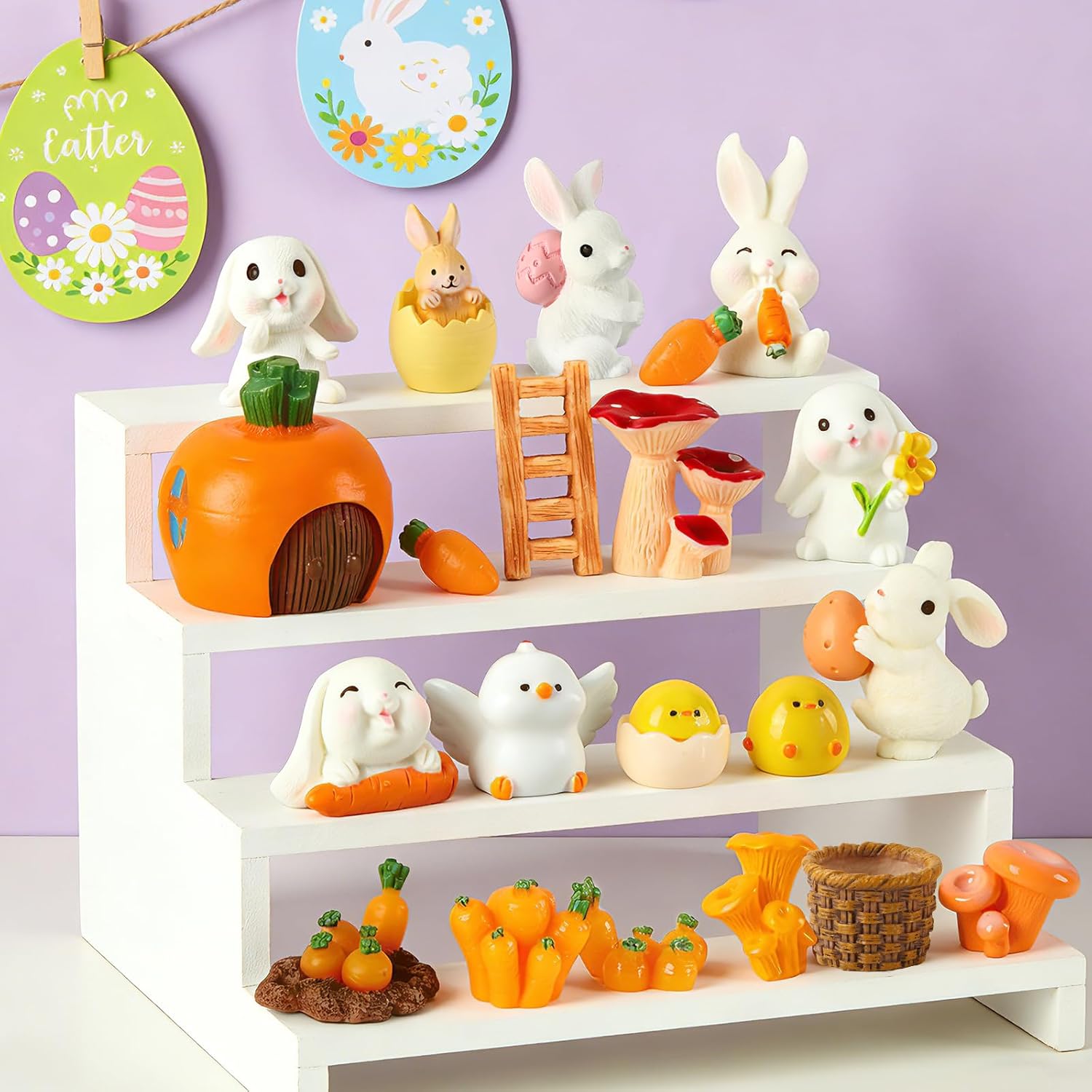 56 pcs Mini Easter Figurines Set, 46 Styles Resin Easter Decorations for Dollhouse, Fairy Garden and Spring Party Decor