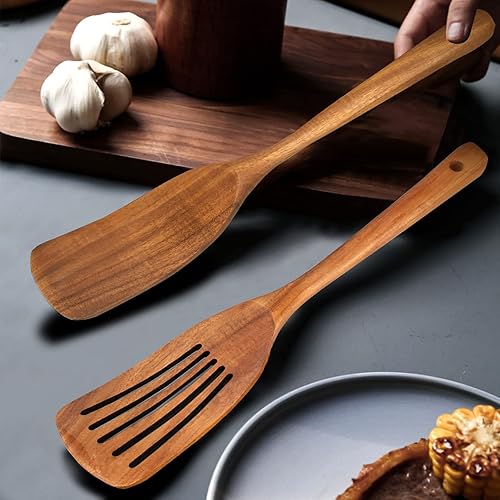 Miniatura 6 de Juego de 2 espátulas de madera de acacia, utensilios de cocina antiadherentes, volteador ranurado, espátula plana de madera para cocina, wok para