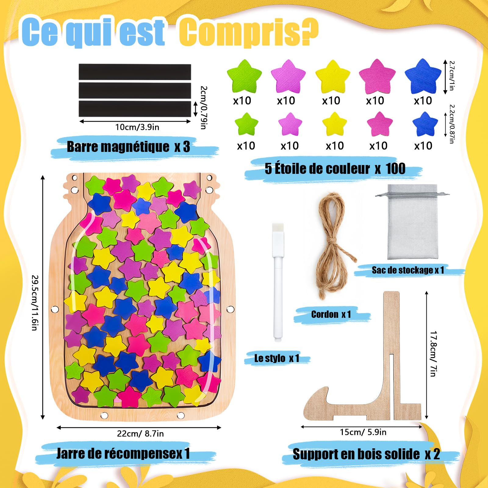 Star Reward Jar - Bocal de Récompense Étoile en Bois Magnétique pour Enfants, Pot de Récompense pour Apprentissage de la Propreté et Motivation en Classe ou à la Maison