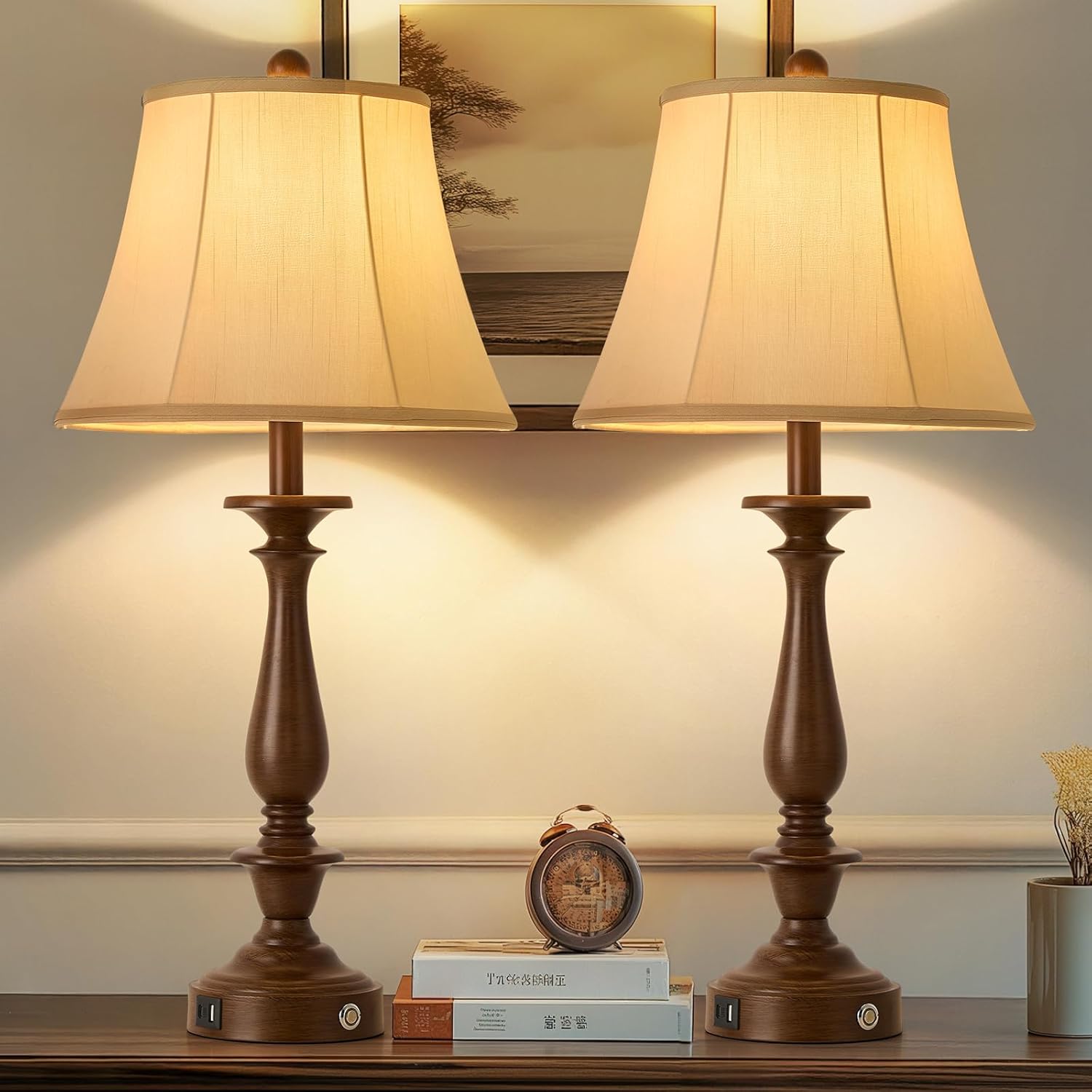 AIDENOEY 28.5" Traditional Table Lamp Set of 2, Rustic Farmhouse Table Lamps for Living Room Bedroom, Bedside Desk Lamps Vintage Nightstand Lamps with Silk Fabric Shades，Antique Gold Table Lamp