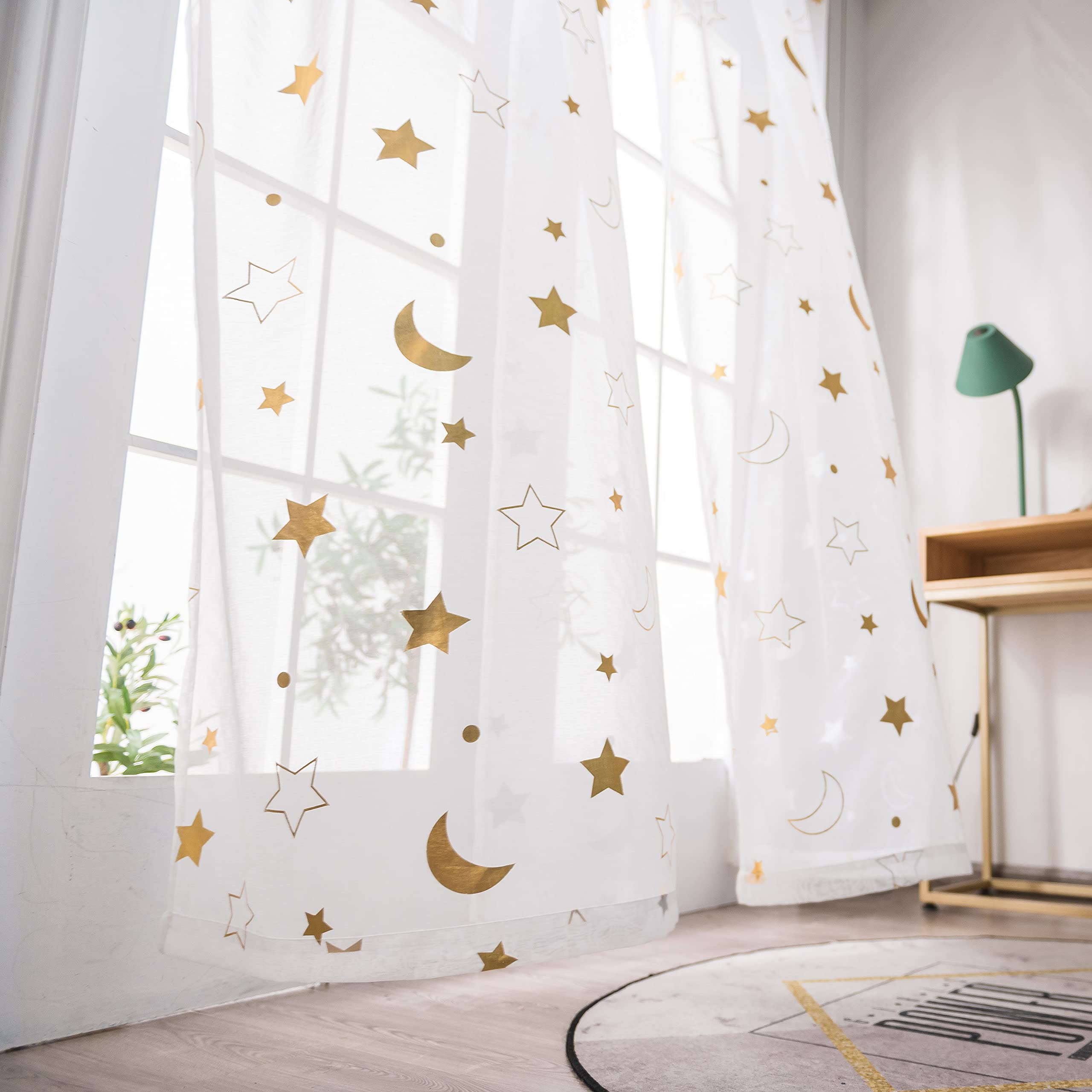 Cute Star Moon Sheer Curtains 84 Inch Length for Boys Girls Bedroom - Rod Pocket Light Filtering Starry Night Theme Gold Foil Print White Sheer Curtains for Kids Nursey Room, Set 2 Panels, 52x84