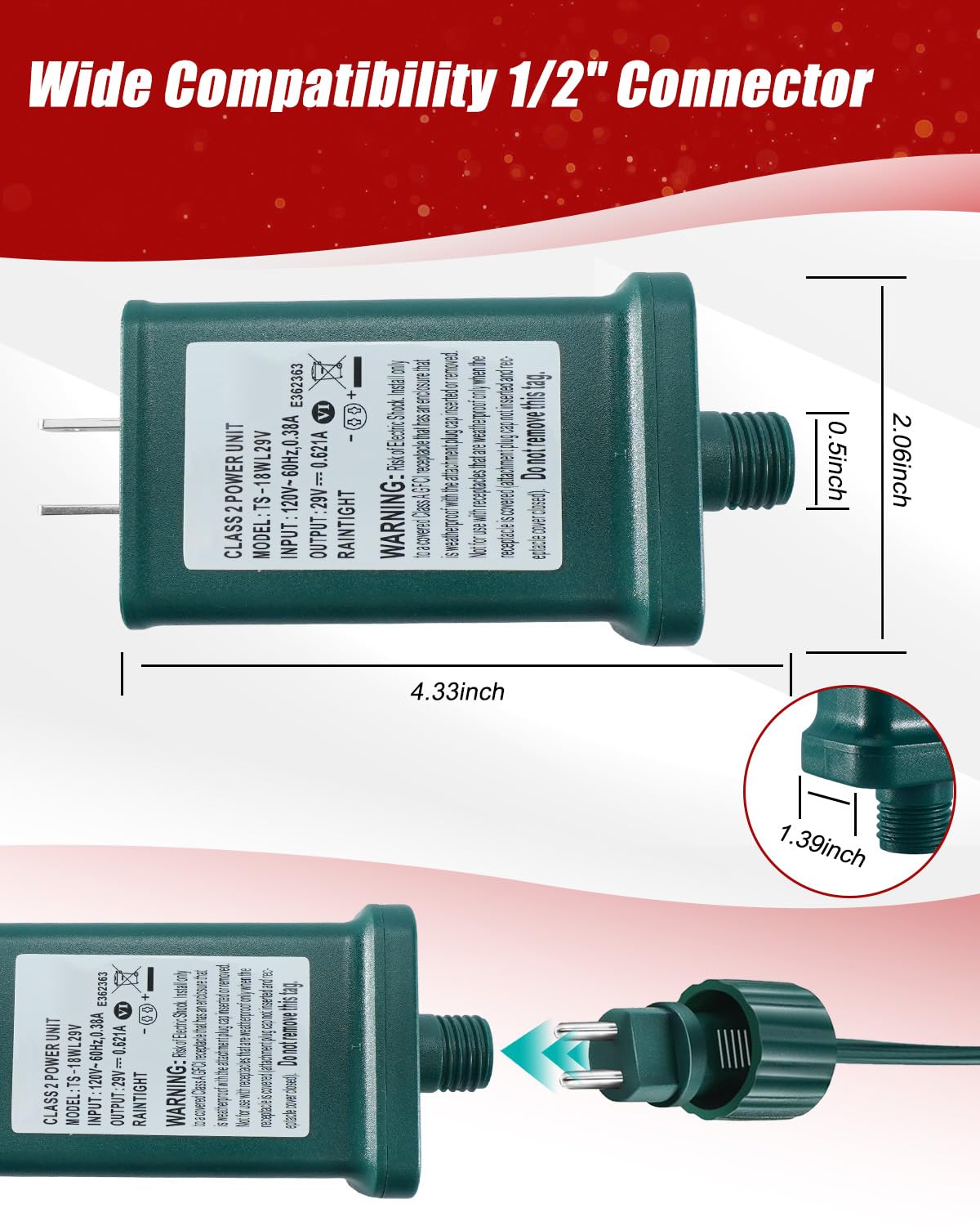 29V 0.621A 18W Power Supply Class 2 Transformer TS-18WL29V Fit for LED String Light Holiday Lighting Christmas X-Mas Tree, 1/2in 12mm Right Positive Adapter, Raintight IP44 Plug Connector, 2Pcs