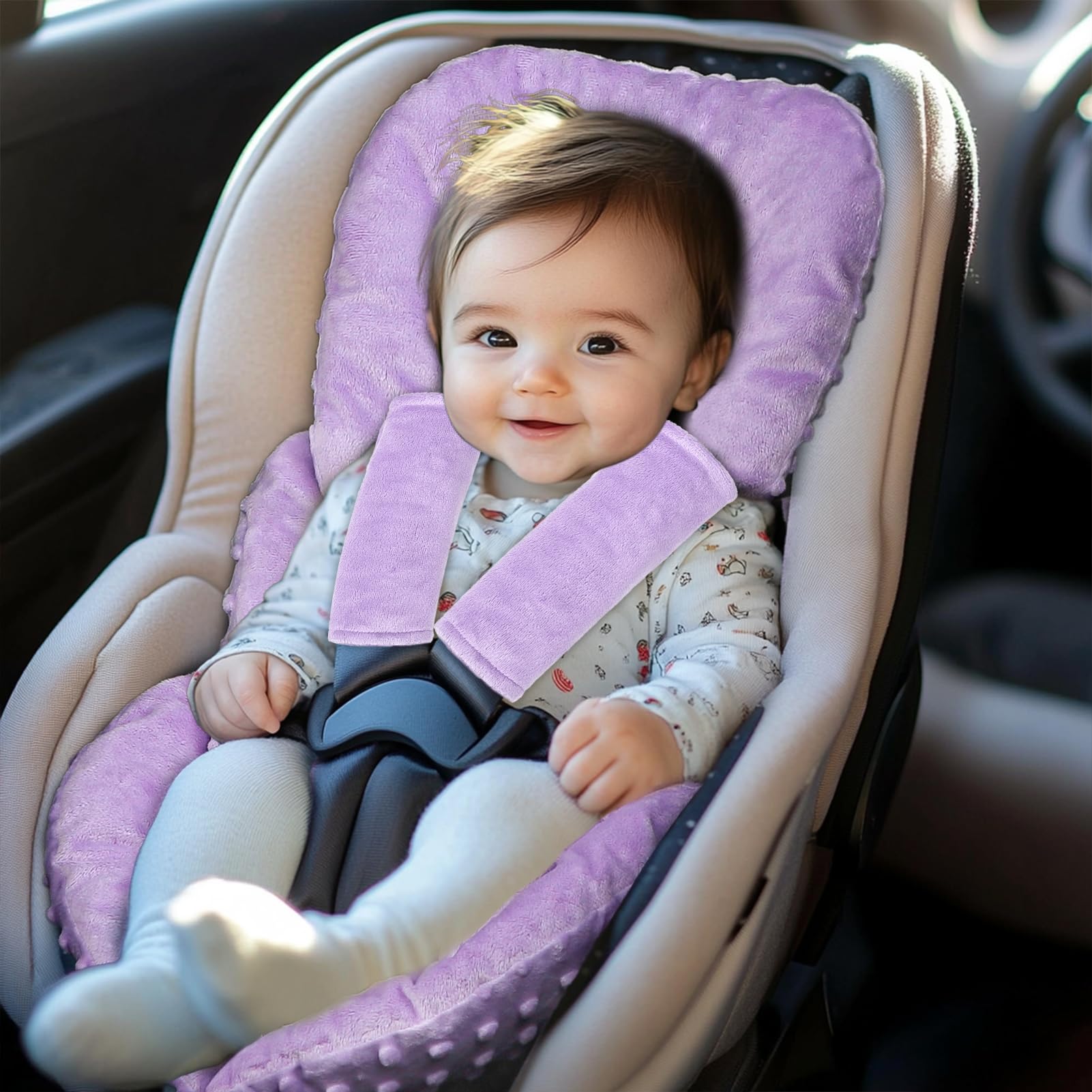 Inserto de asiento de coche para bebé, soporte para cabeza y cuerpo, inserto reversible para asiento de coche con almohadillas para orejas de correa, relleno de cojín suave para niños y niñas, se