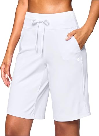 SANTINY Womens Bermuda Long Shorts with Pockets Drawstring High Waisted Athletic Knee Length Shorts for Women Workout