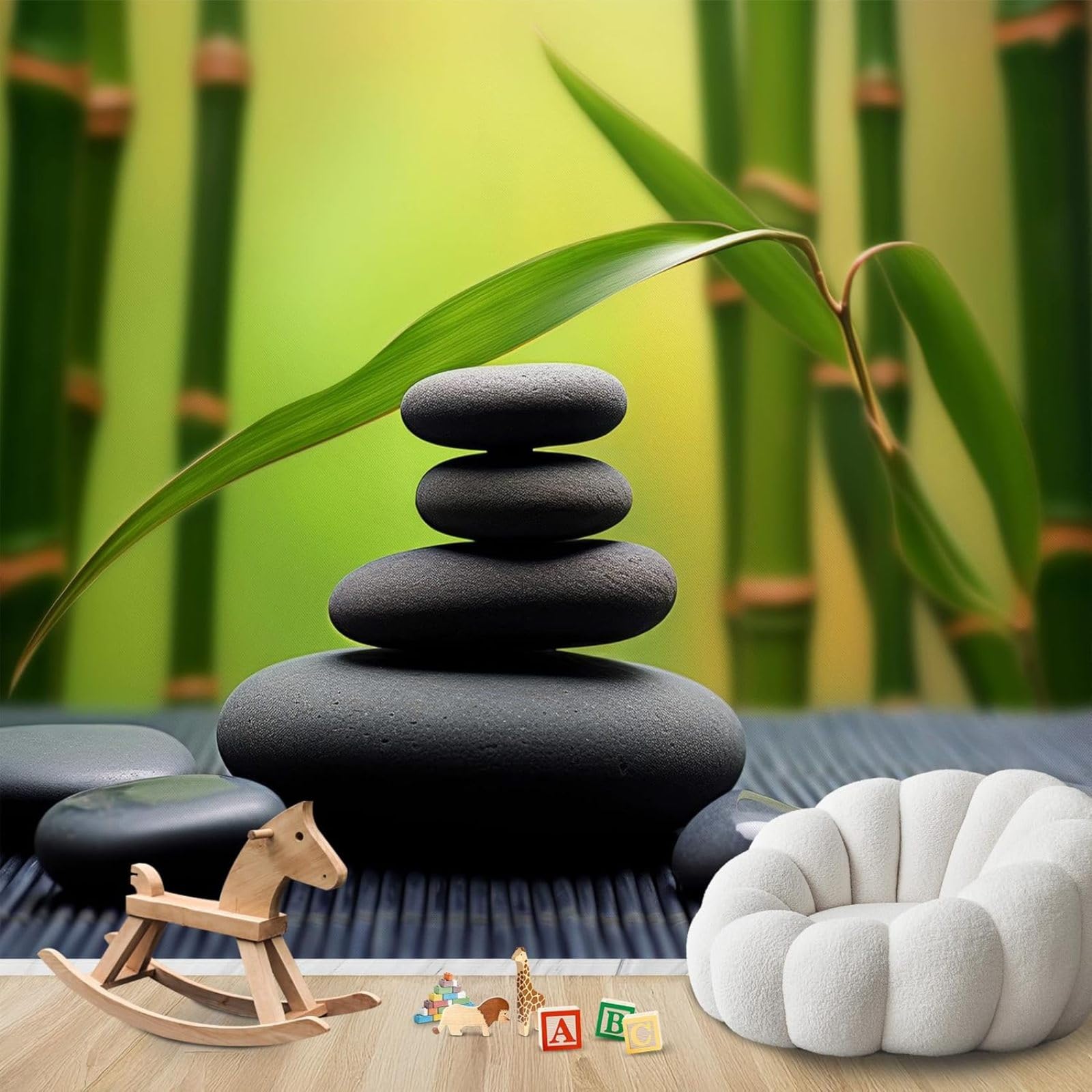 Carta da parati fotografica Zen per camera da letto, motivo 3D pietre giapponesi spa in tessuto non tessuto verde per soggiorno, decorazione murale spirituale per meditazione, carta da parati per came