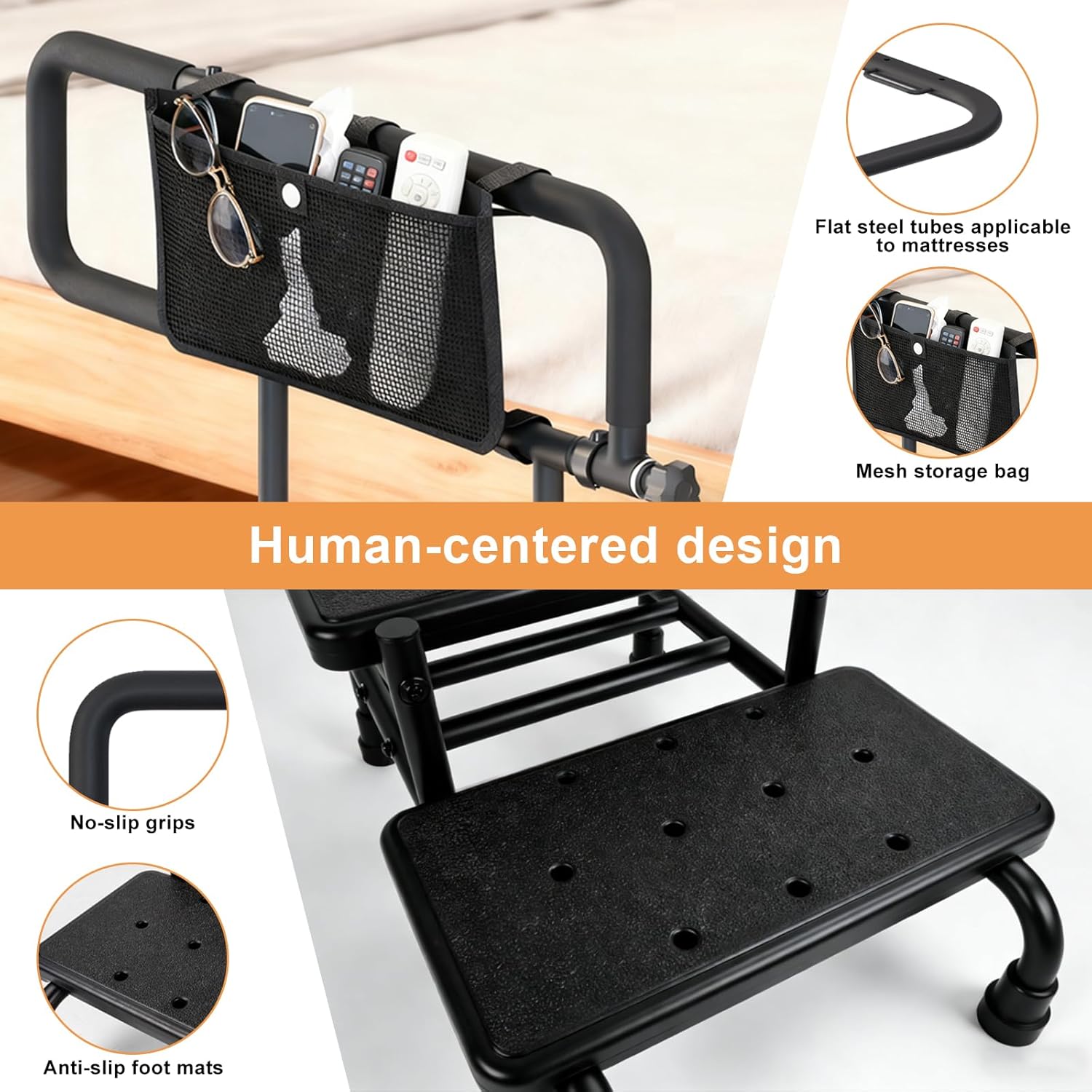 Bed Rails for Senior, Step Stool with Handle for Ederly - Extended Bed Assist Rail for Seniors with Storage Bag - Adjustable Bed Side Rails with Foot Stool, Fits Twin Full Queen King