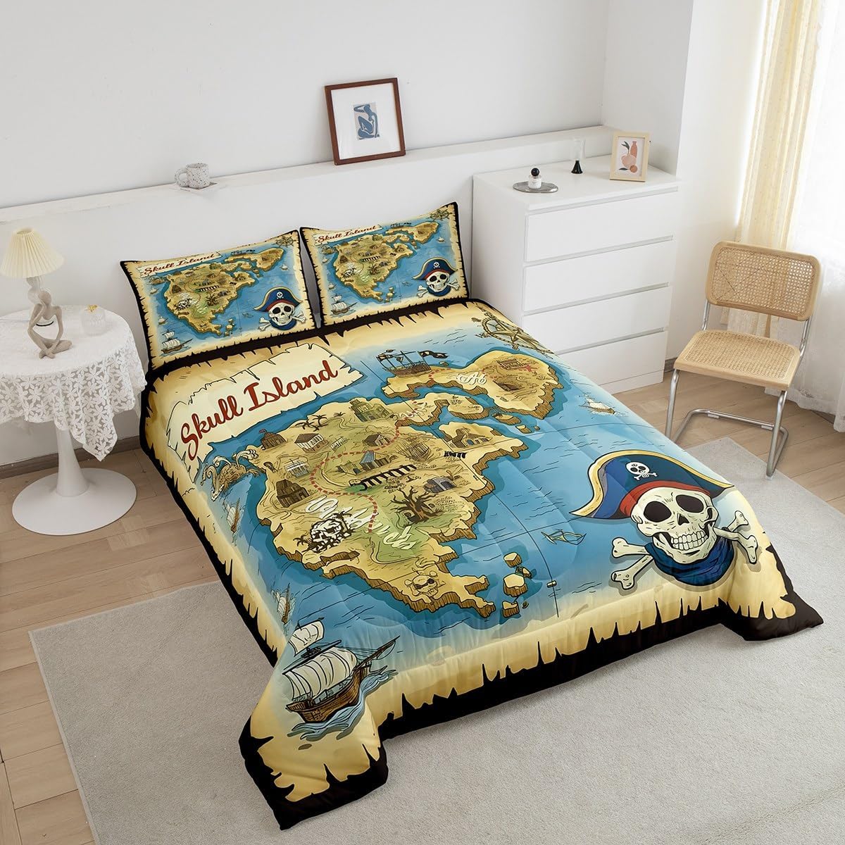Feelyou Vintage Ocean Nautical Comforter Set for Kids Boys Teens Pirate Treasure Map Comforter Skull Island Bedding Set Sea Adventure Quilted Duvet Set Soft Lightweight Retro Decor Bedding Twin 2Pcs