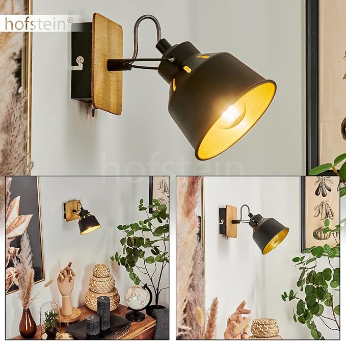 hofstein Wandlamp Safari, wandlamp van metaal/hout in zwart/chroom/goud/natuur, verstelbare lamp in retro/vintage design, lichteffect en aan-/uitschakelaar op de behuizing, 1-lamp, E14, zonder gloeilamp photo 2