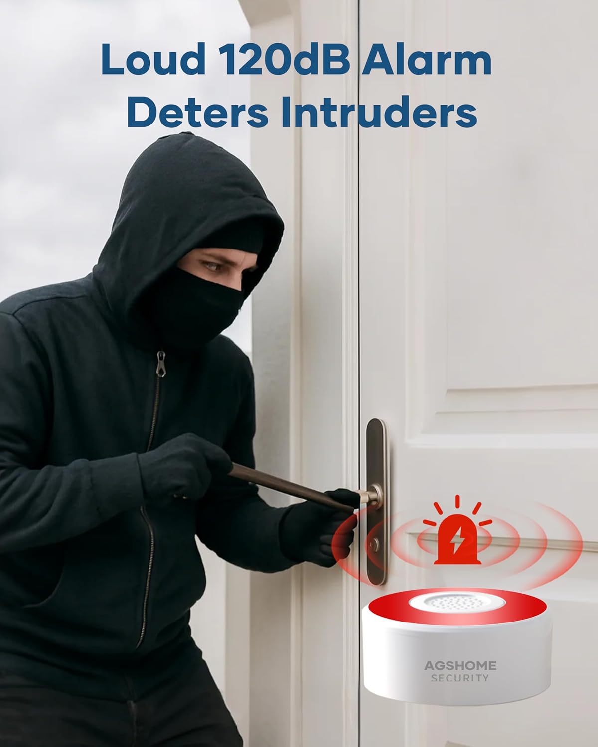 An illustration of an intruder attempting to break into a door, with a red alarm icon and sound waves emanating from the AGSHOME siren.