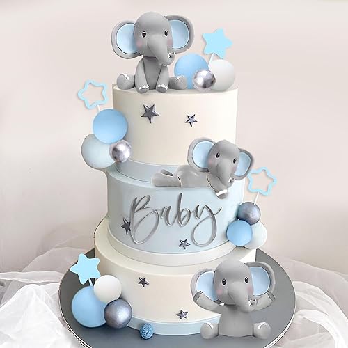 32 piezas de decoración de pastel de elefante con mini elefante, bolas de perlas azules y blancas para baby shower, tema de elefante, suministros de