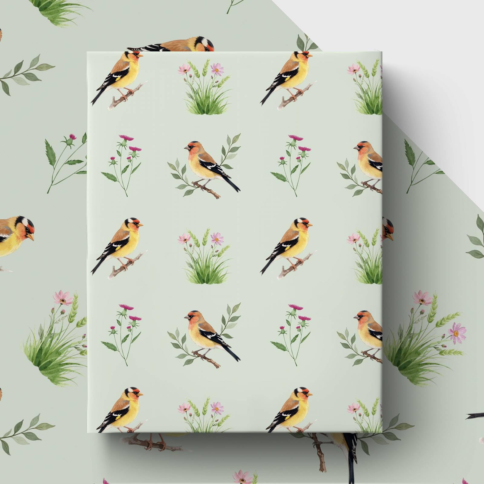 GleeWrap Goldfinch Wrapping Paper, 4 Sheets Floral Bird Gift Wrap for Birthday Party DIY Craft Decoration and Daily Gift Packaging, 50 x 70 cm