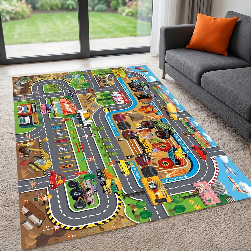 WFKKMEQ Car Rug, Truck Playmat Car Play Mats for Kids City Playmat Rug Toy Pay Mat with Non-Slip Base Play Carpet Floor Mats for Bedroom Classroom Playroom (80x120cm)