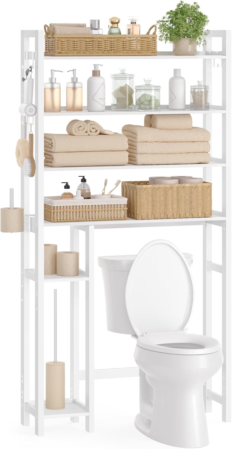 SONGMICS Over The Toilet Storage, 4-Tier Over Toilet Bathroom Organizer with Adjustable Shelves, 10.2 x 32.7 x 72.8 Inches, Space-Saving, Natural Beige UBTS017N01
