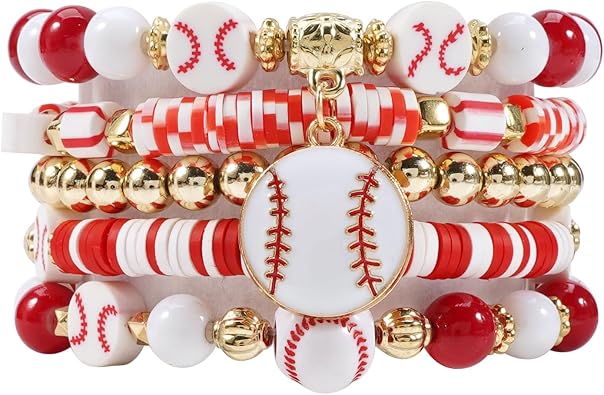 Basketball Beaded Bracelets for Women Baseball Stackable Stretchy Sports Heishi Bracelet Ball Charm Bracelet Gift Jewelry