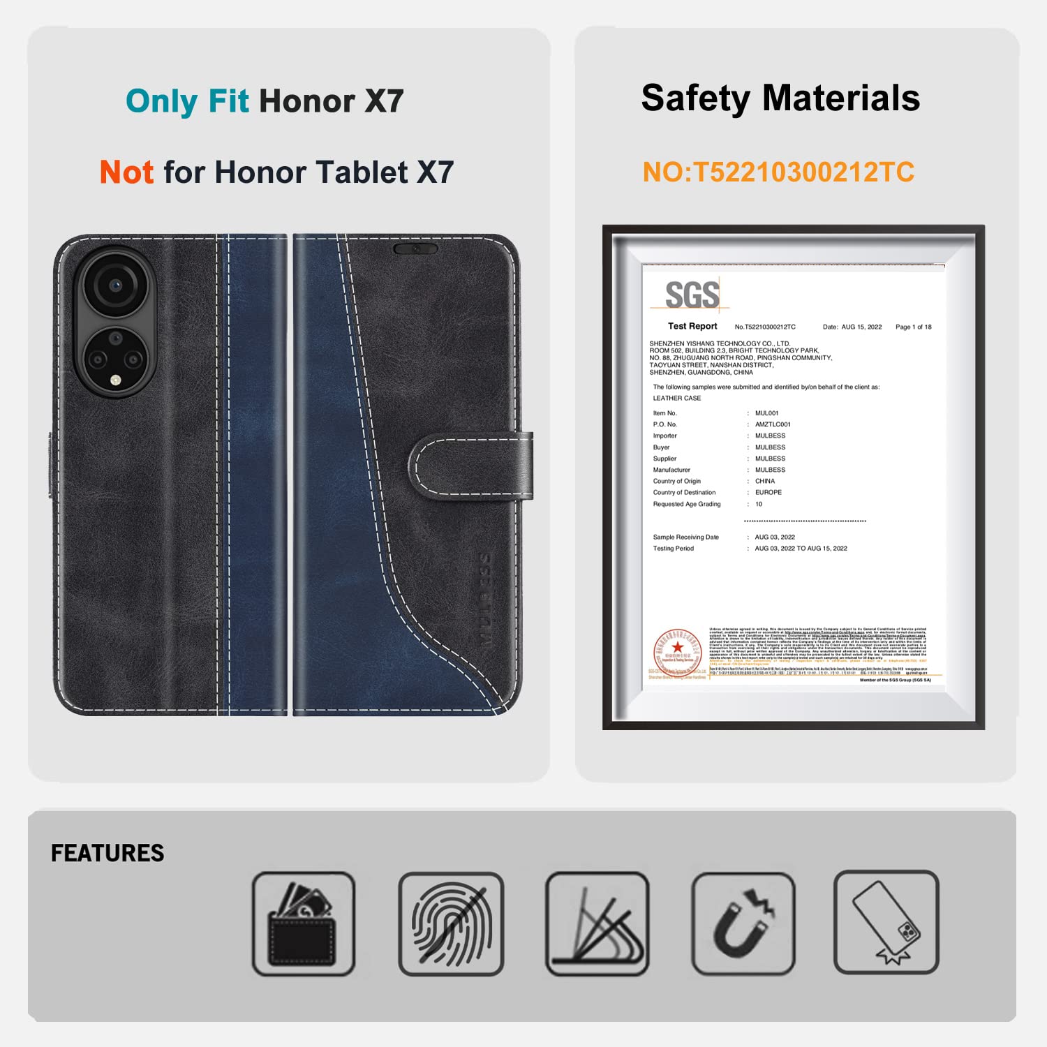Mulbess Custodia per Huawei Honor X7, Cover Magnetica Flip con Chiusura