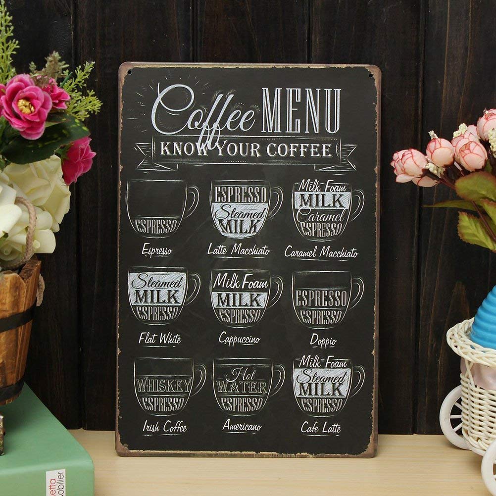 Targa In Metallo Vintage Con Scritta Coffee Menu Know Your Coffee - 30,5x20,3 Cm - Decorazione Da Parete Per Cucina, Bar E Pub