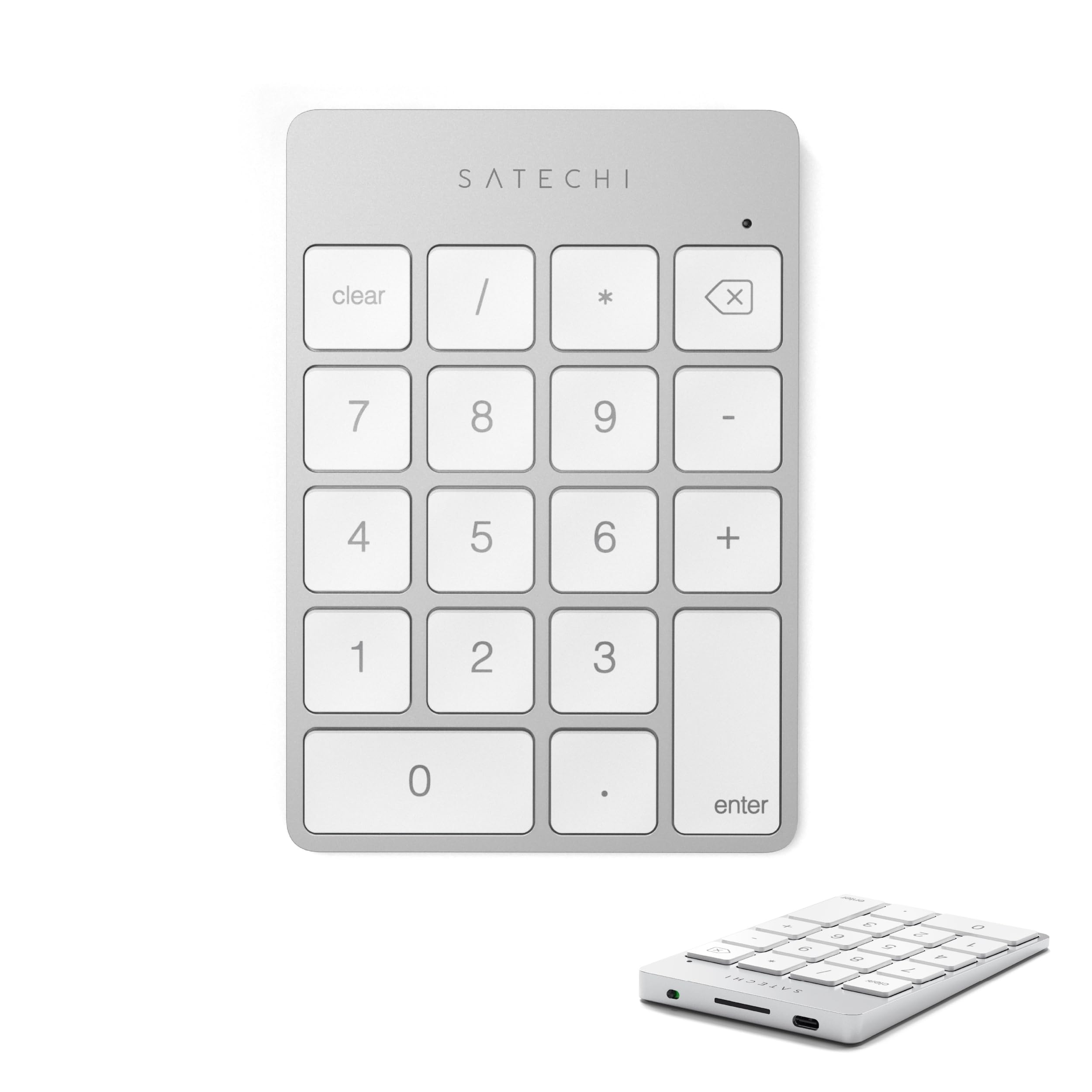 SATECHI Teclado Numérico Inalámbrico Slim de Aluminio con 18 Teclas, Bluetooth, Recargable USB-C para MacBook, Portátil, PC, iPad (Plata, 𝗟𝗮𝘆𝗼𝘂𝘁 𝗨𝗦)