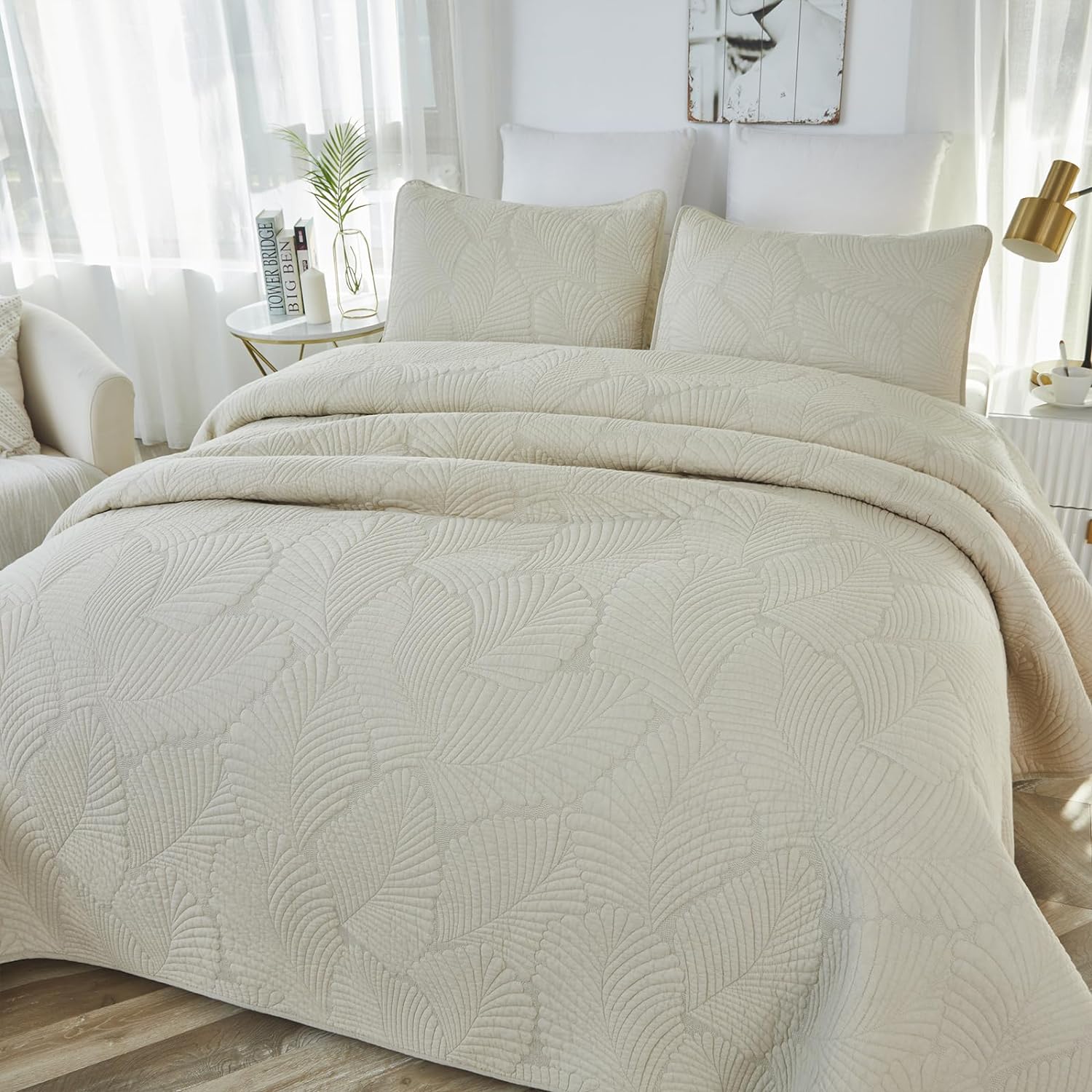 Brandream Beige Palm Quilt Set Queen Size Cotton Matelasse Tropical Palm Bedding Lightweight Bedspreads 3-Piece - Image 2