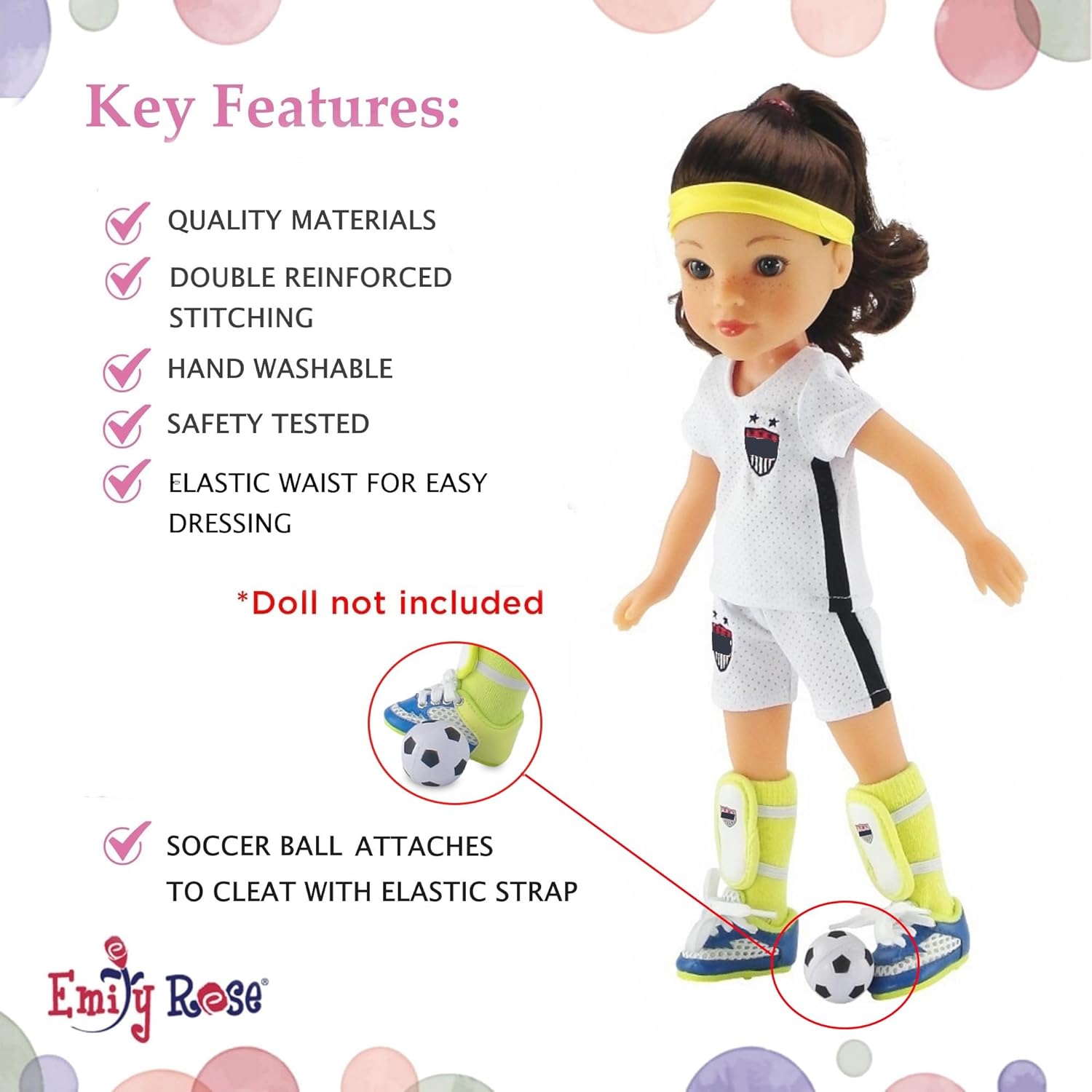Emily Rose 14 Inch Doll Soccer Uniform 9-PC Set | Doll Clothes Sports Outfit with Socks Shin Guards Cleats Ball Headband Medal & Patriotic Face Stickers | Fits American Girl Dolls | No Doll