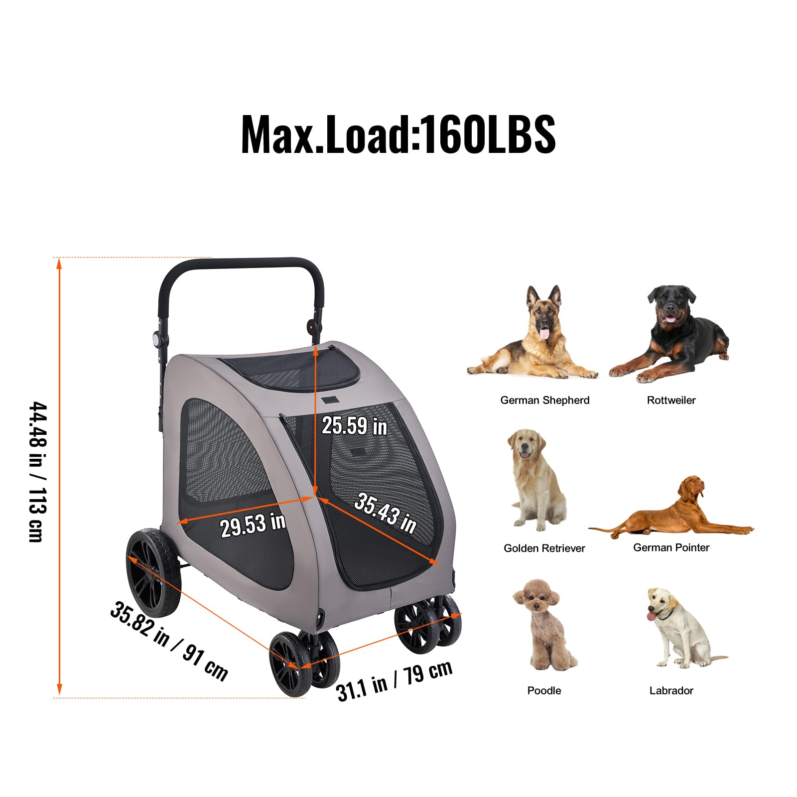 VEVOR Cochecito para Mascotas 4 Ruedas Capacidad de Peso de 173 kg Carrito Portátil para Mascotas con Ventanas de Malla Transpirable Altura Ajustable Cochecito para Animales Pequeños Medianos
