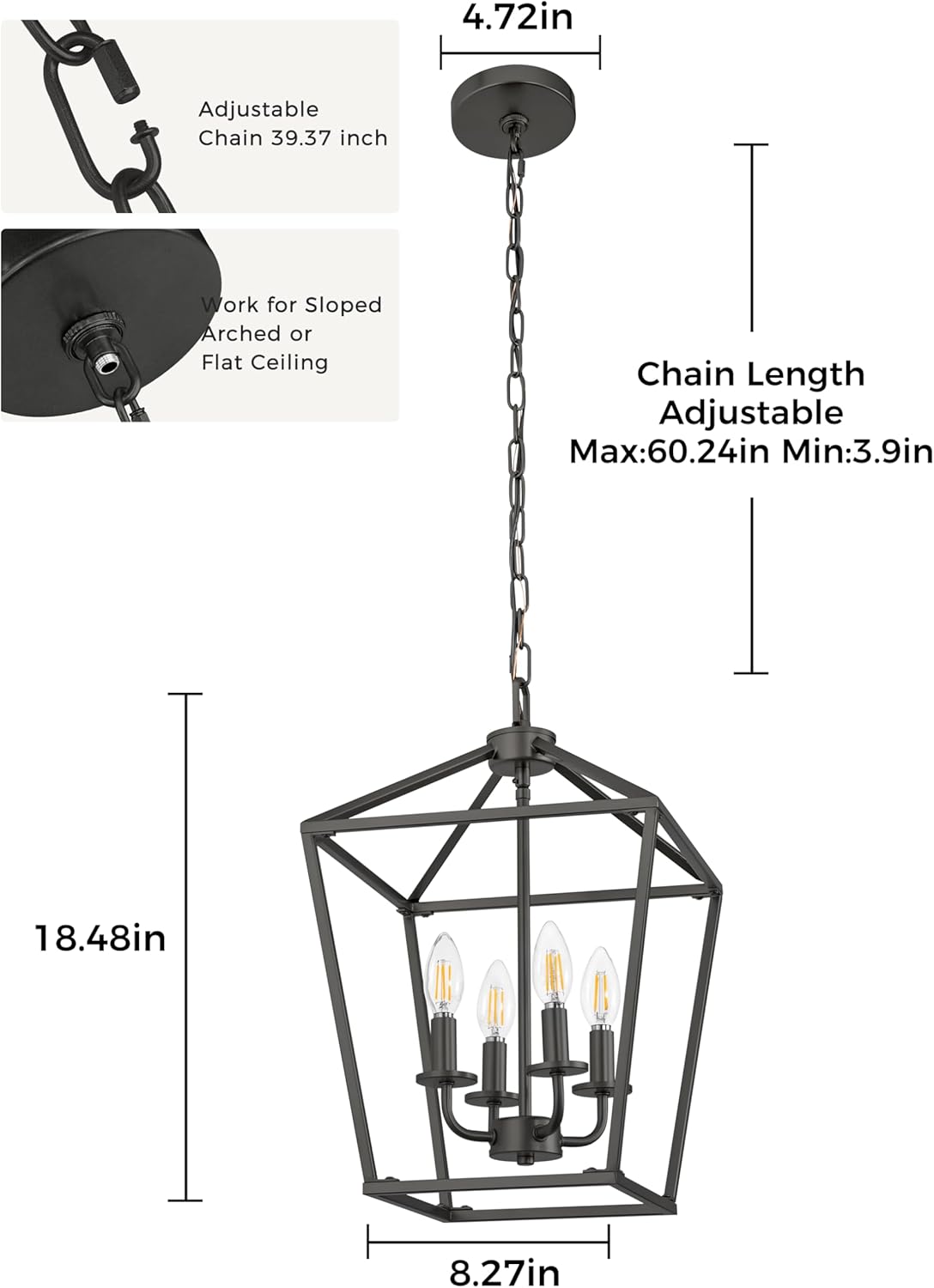 L LOHAS LED Black Farmhouse Chandelier, Industrial 4-Light Lantern Dining Room Lighting Fixtures, Adjustable Height Metal Cage for Kitchen Island, Entryway, E12