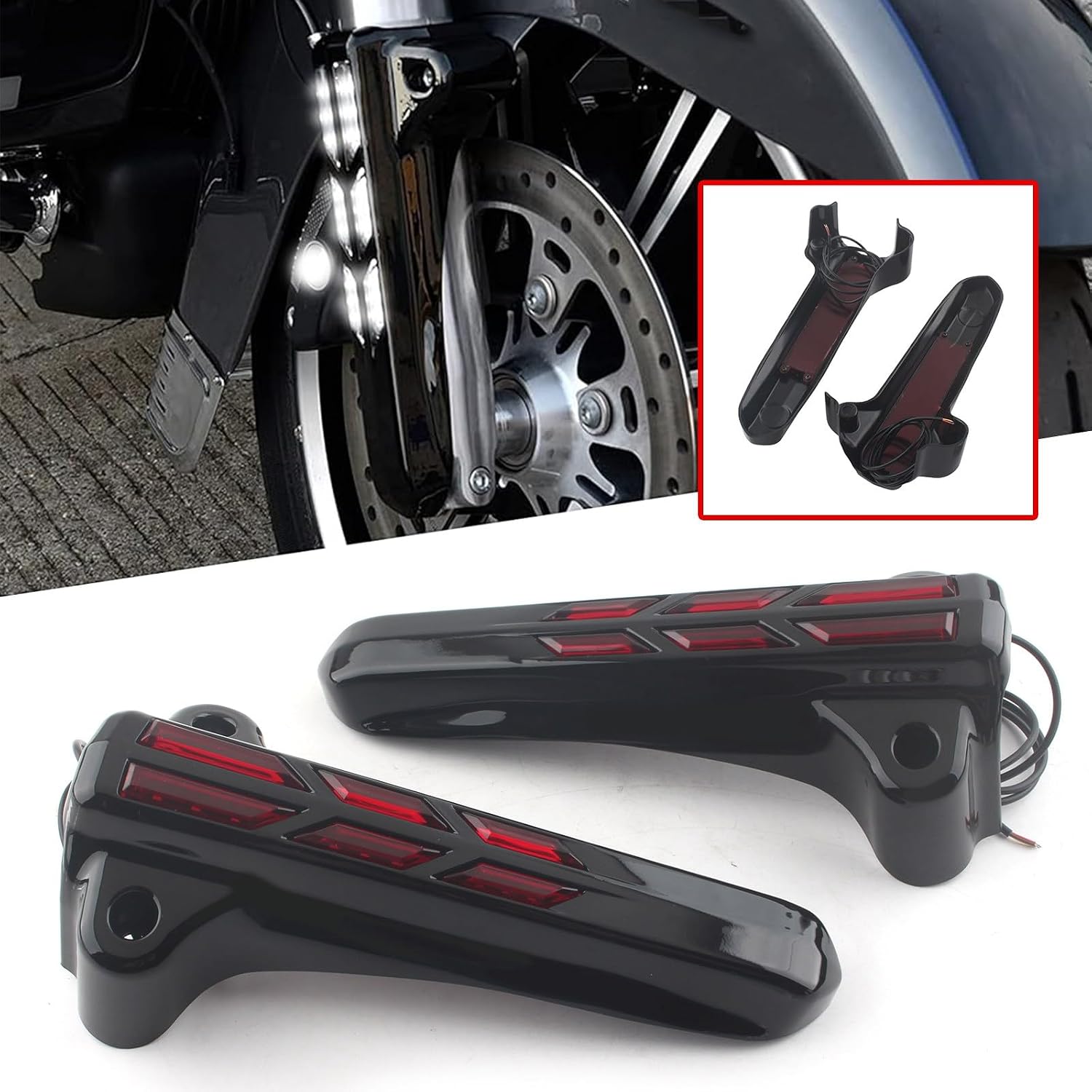 Motorcycle Black Front Lower Fork Leg Covers LED Red Light Compatible with Harley Touring Electra Glide Street Glide Road King FLHT FLHX FLHR 2014-2019