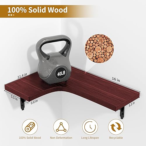 Miniatura 10 de Juego de 4 estantes flotantes de esquina para montar en la pared, estantes de pared de almacenamiento de madera rústica para decoración del hogar,