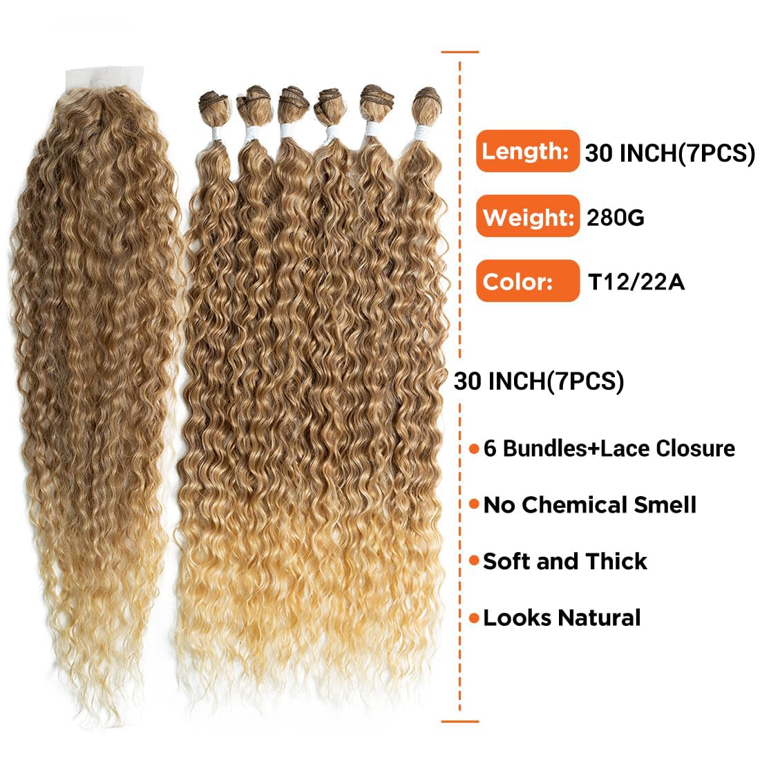 30 Zoll Kinky Wave Hair 6Bundles mit Spitzenverschluss 7Piece/Pack Ombre Brown Long Kinky Curly Hair Bundles Hitzebeständige Kunsthaar-Web-Extensions für Frauen (T12/22A # 30 Zoll 7 Stück)