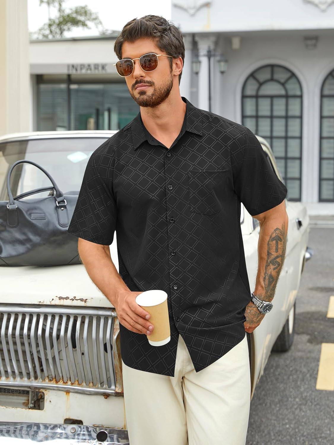 Hardaddy Men's Casual Button Down Shirt Short Sleeve Four-Way Stretch Printed Button Up Business Dress Shirt for Men - Image 4