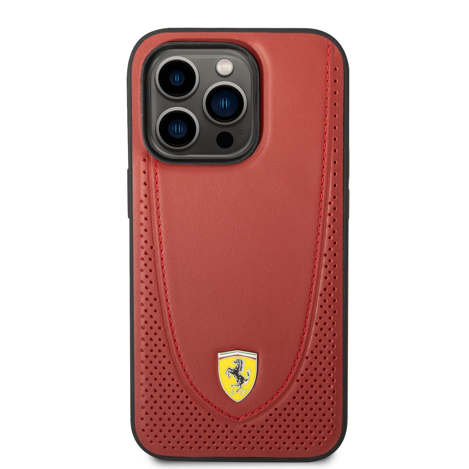 CG MOBILE Ferrari Compatible with Magsafe Genuine Leather Hard Case Curved Line Stitched and Perforated Leather, Bumper Protection, Accurate Cutouts, iPhone 14 Pro (Red)
