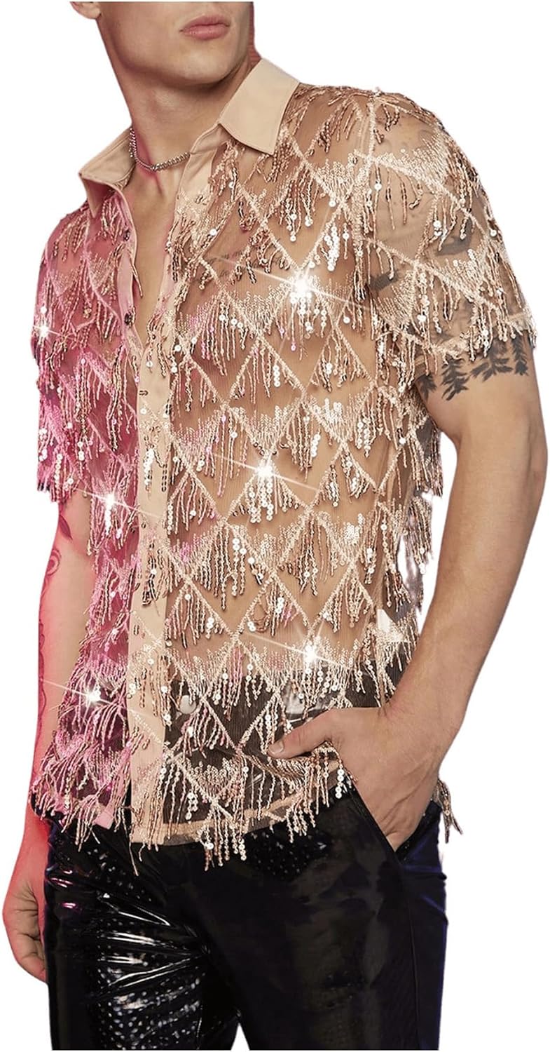WDIRARA Men's Sequin Decor Fringe Button Front Shirts Short Sleeve Sheer Party T Shirt - Image 3