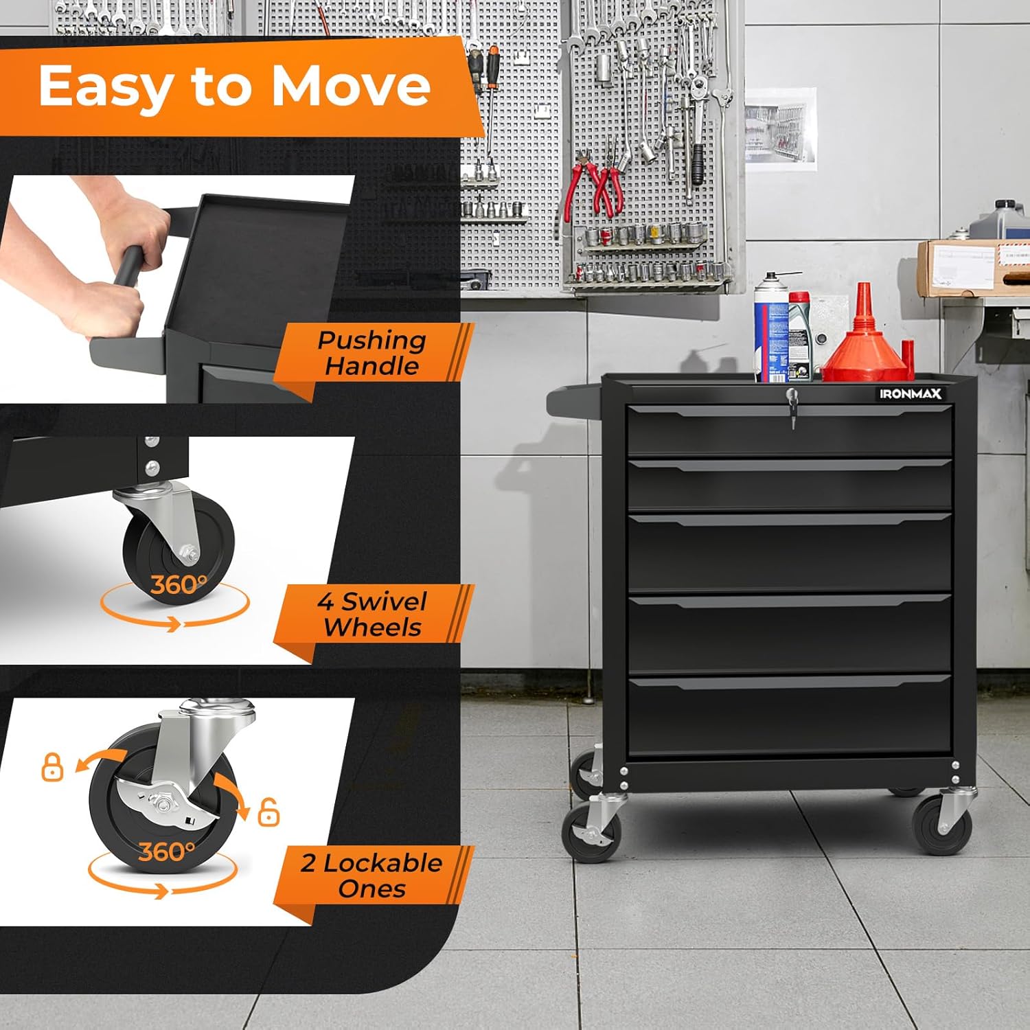 Goplus 5-Drawer Rolling Tool Chest, Steel Tool Storage Cabinet with Handle, Hanging Holes, Central Keyed Locking System, Universal Lockable Wheels, Tool Organizer Box for Garage Workshop