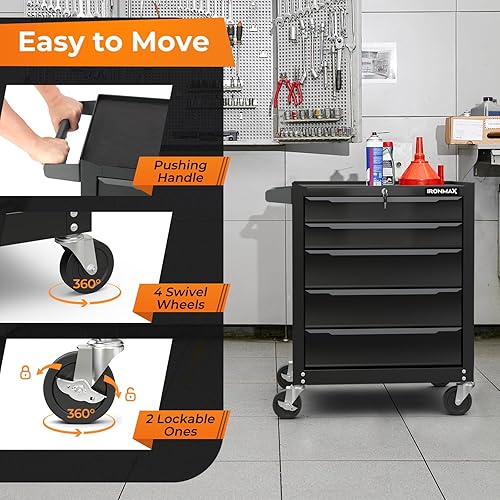 Vista 4 de Goplus Cofre de herramientas con ruedas de 5 cajones, gabinete de almacenamiento de herramientas de acero con asa, agujeros para colgar, sistema
