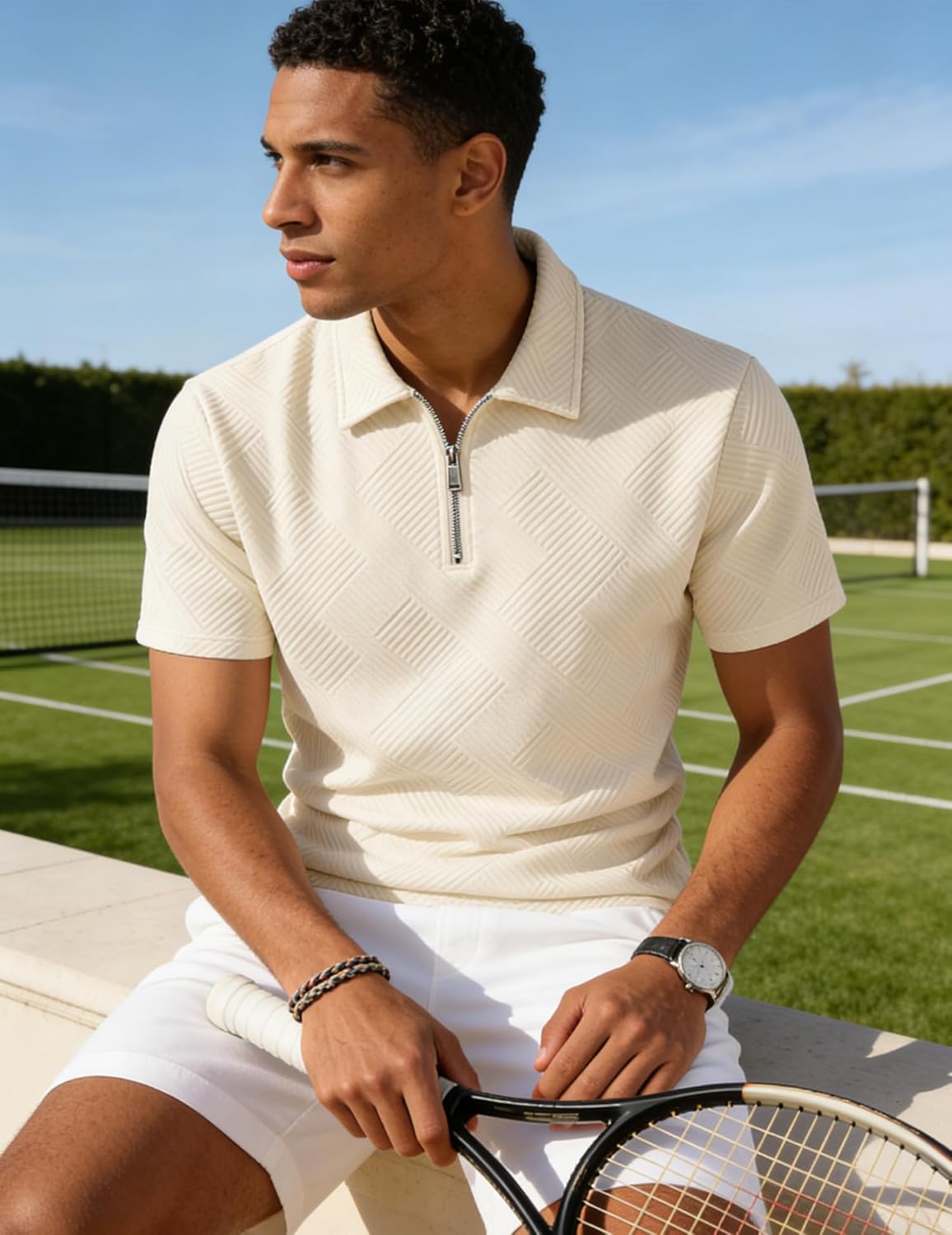 UOUA Men's Zipper Polo Shirts Short Sleeve Sweatshirts Soild Color Tops Striped Texture Casual Golf T - Image 2