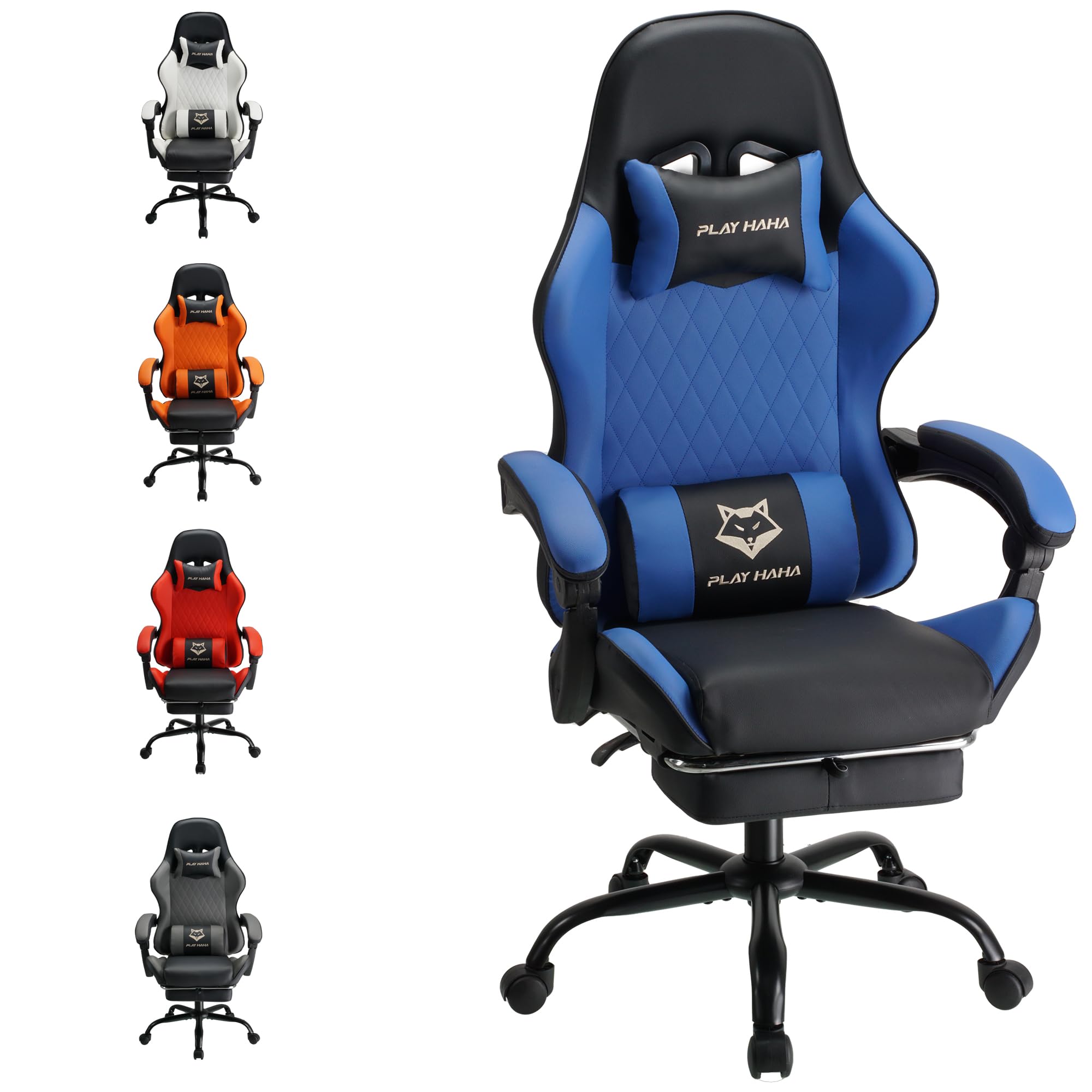 play haha Gaming Chair Ergonomic Reclining Seat With Footrest Adjustable Headrest And Lumbar Cushion High Back Support Padded Armrests Faux Leather Finish,Desk Chair