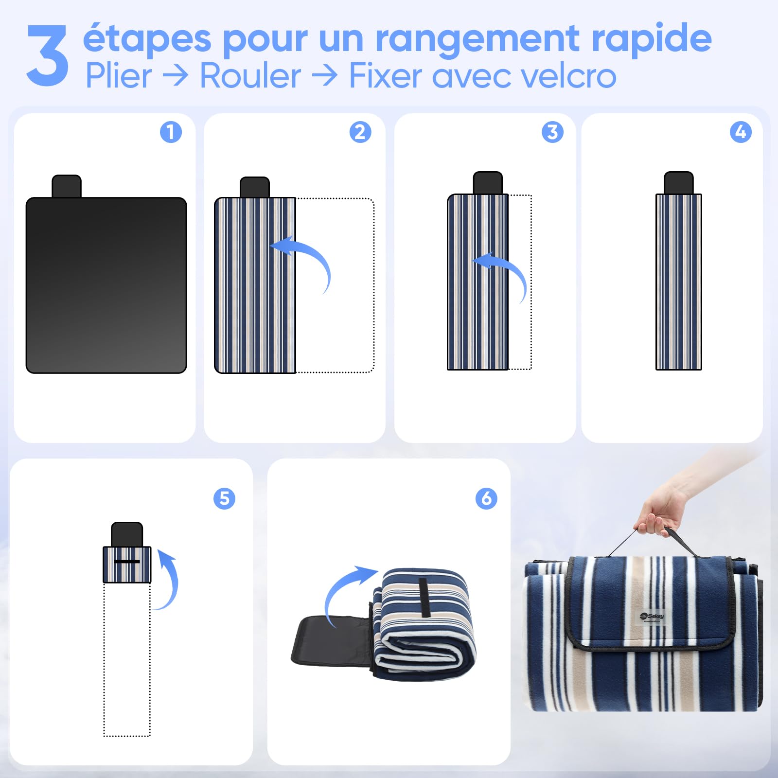 Sekey Couverture Pique-Nique 200x200 cm, Nappe Anti-Sable, Fond PEVA Imperméable, Tapis Pique-Nique Pliant, Idéal pour Camping, Plage et Pré, Rayures Bleu-Blanc-Beige