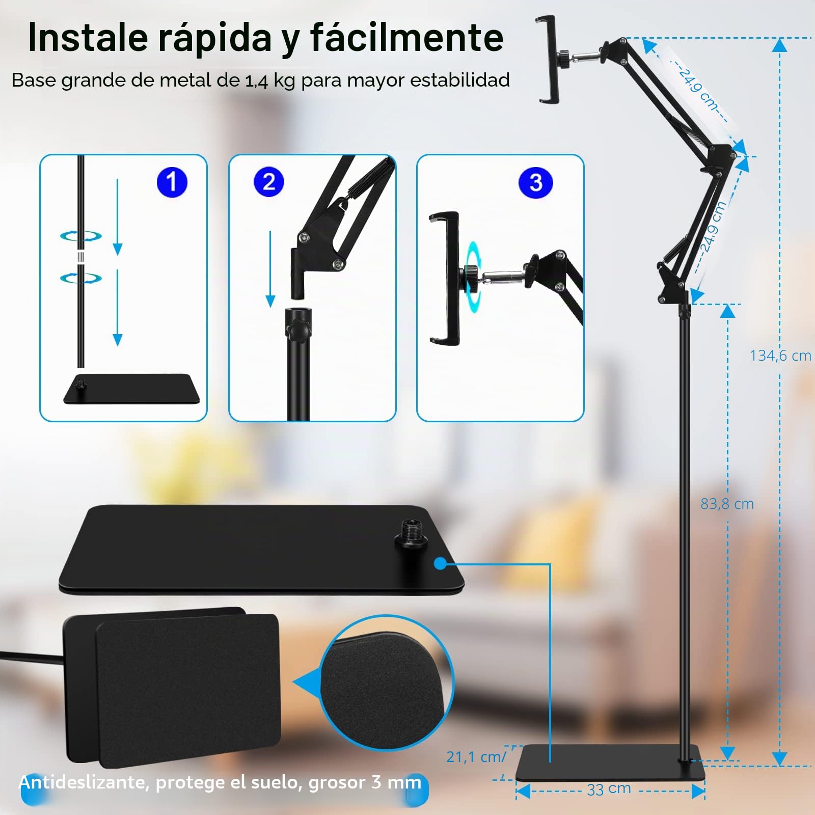 SAMHOUSING Soporte de Suelo para Tableta, Ajustable Universal Giratorio de 360 Grados, Soporte de teléfono para iPad/iPhoneX/iPad Pro u Otros Dispositivos de Pantalla de 4.7 a 12.9 Pulgadas (Negro)