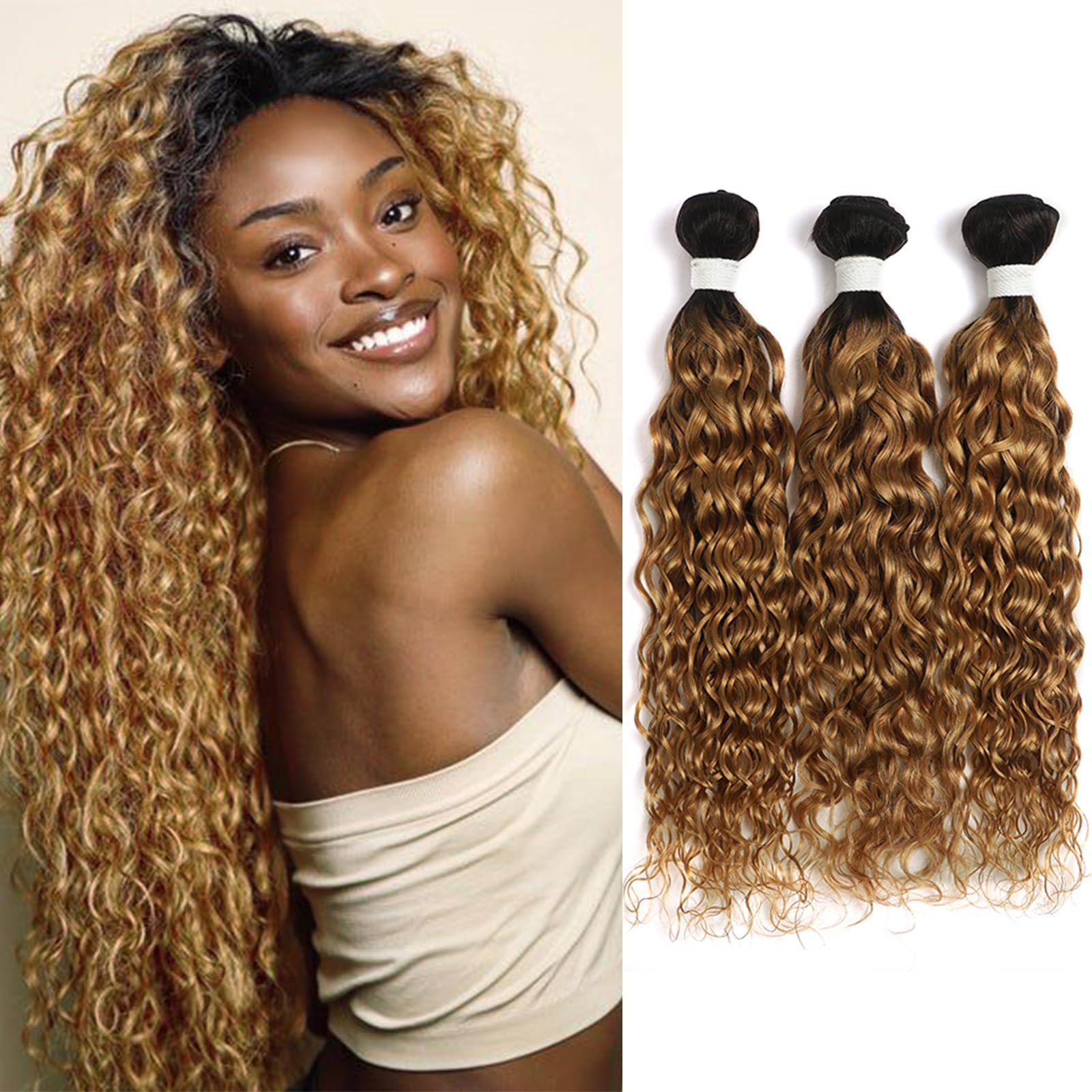 X-TRESS 3 Bundles (14+16+18") 1b/27 Curly Wave Bundles Human Hair Ombre Water Wave Bundles 100% Human Hair Wet and Wavy Bundles Brazilian Curly Hair Bundles Two Tone Color T1B/27(14"16"18")