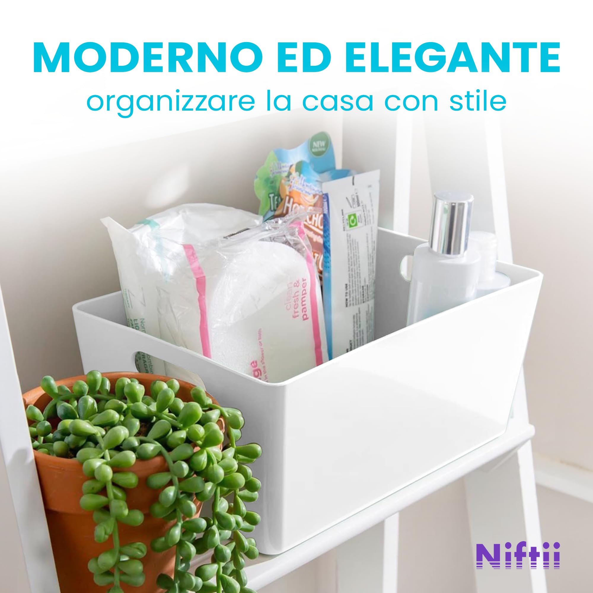 Niftii Set 5 Cestini Portaoggetti in Plastica - Contenitori Rettangolari con Manici per Cucina e Casa - Bianco